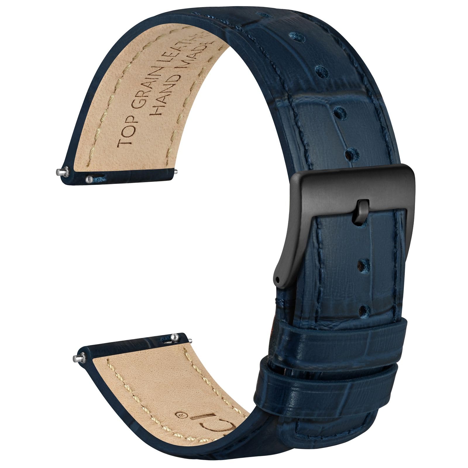 【送料無料】[WOCCI] 時計ベルト 18mm 20mm 22mm 本革 クロコダイル型押し時計バンド トップグレインレザー替えベルト Quick Release 色：ブルー/ブラックバックル、サイズ：20mm(4)