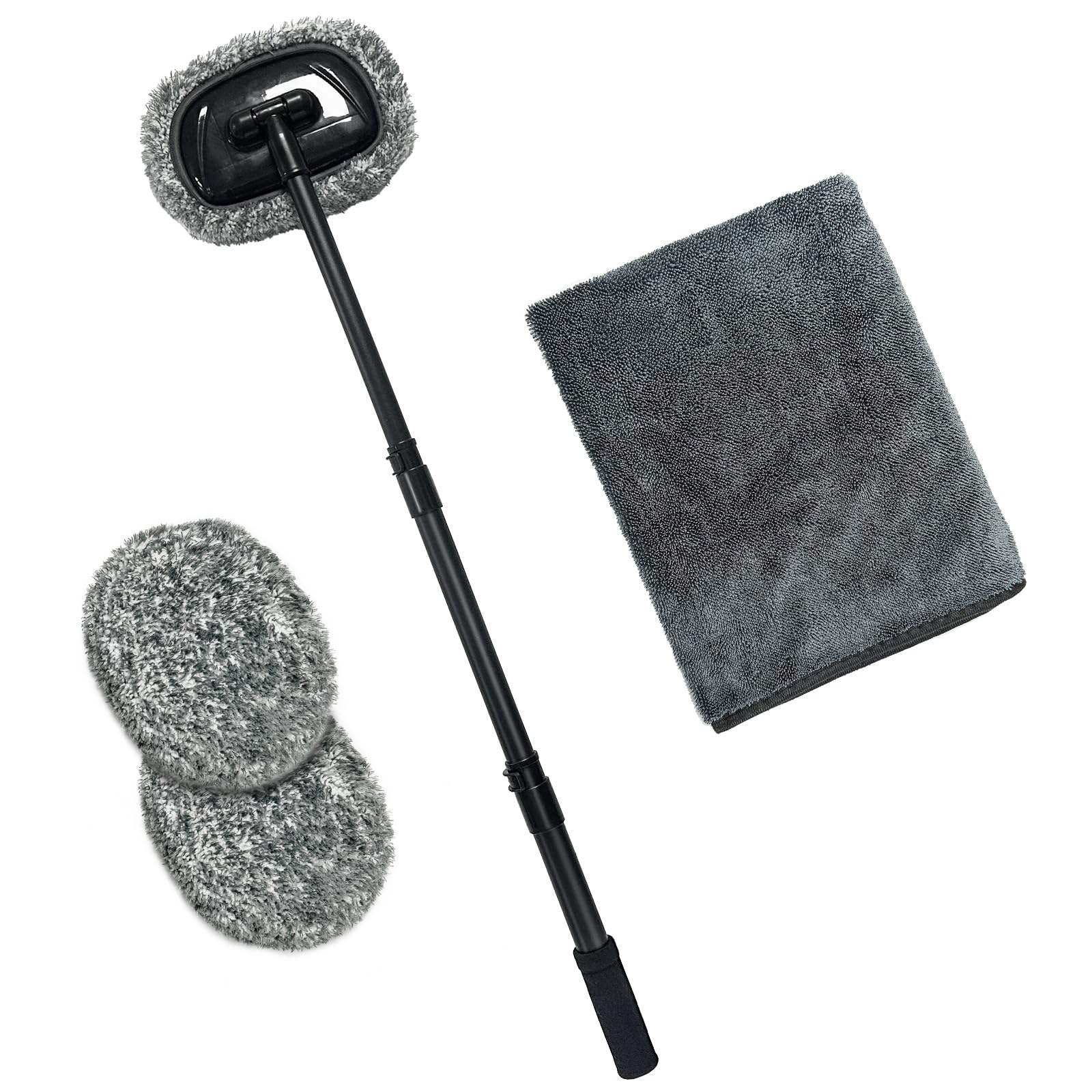 【送料無料】洗車モップ 15°曲げ 洗車ブラシ 伸縮柄付き 60~112cm伸縮可能 柔らかい 超極細繊維 180度回転 と マイクロファイバー 洗車タオル 大判 60cm × 90cm 洗車セット ルーフモップ 長さ調節可能 3段階調整 傷防止 乾 色：洗車タオル＆モップ2、サイズ：X-Large