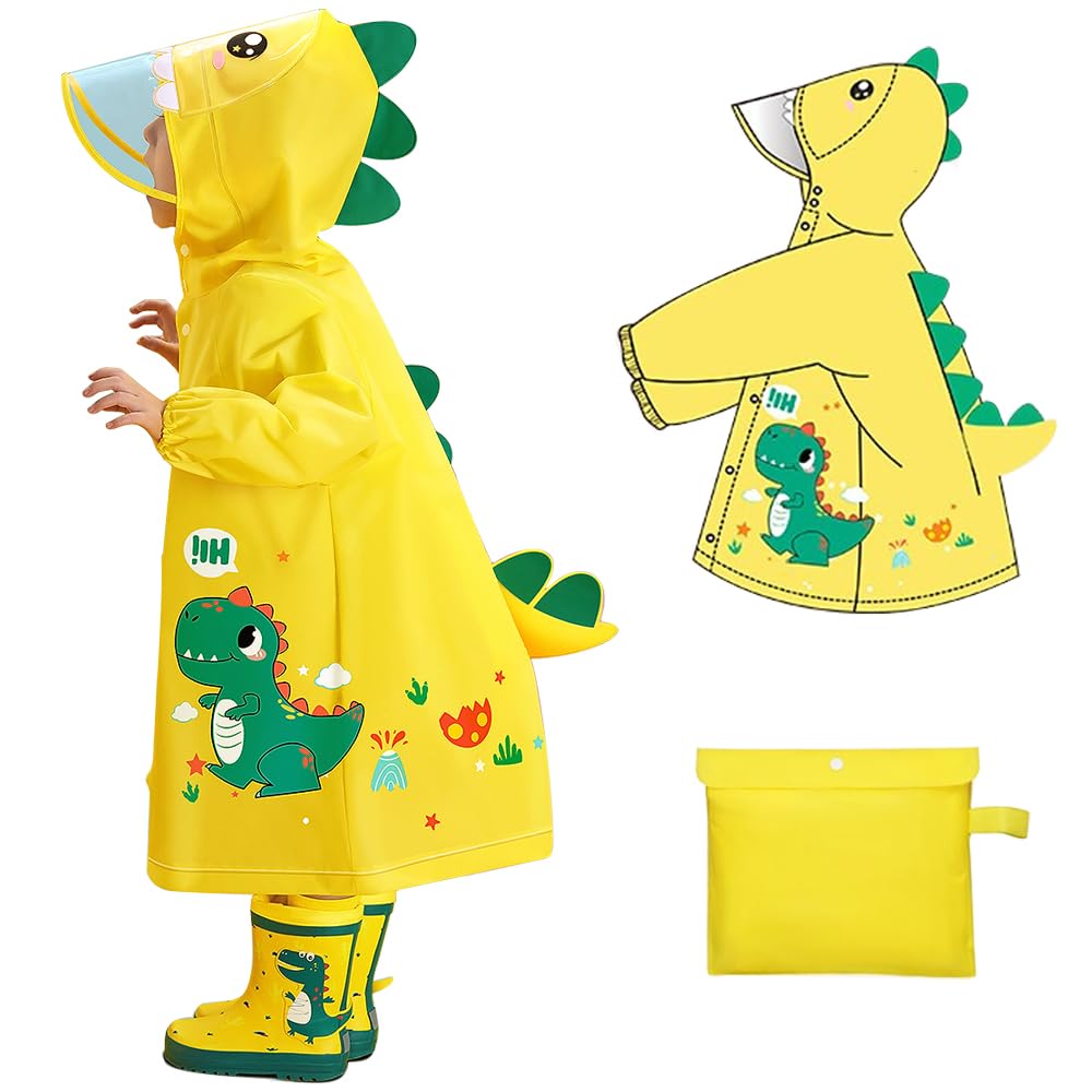 【送料無料】[HYJEAL] キッズ レインコート 防水加工 反射テープ付き 子供 女の子 男の子恐竜柄 ユニコーン 動物パターン 男女兼用 小学生 レインポンチョ 防水 防風 収納ポーチ付 梅雨対策 通園 通学 入園 色：ファスナー付き-恐竜-グリーン、サイズ：XL