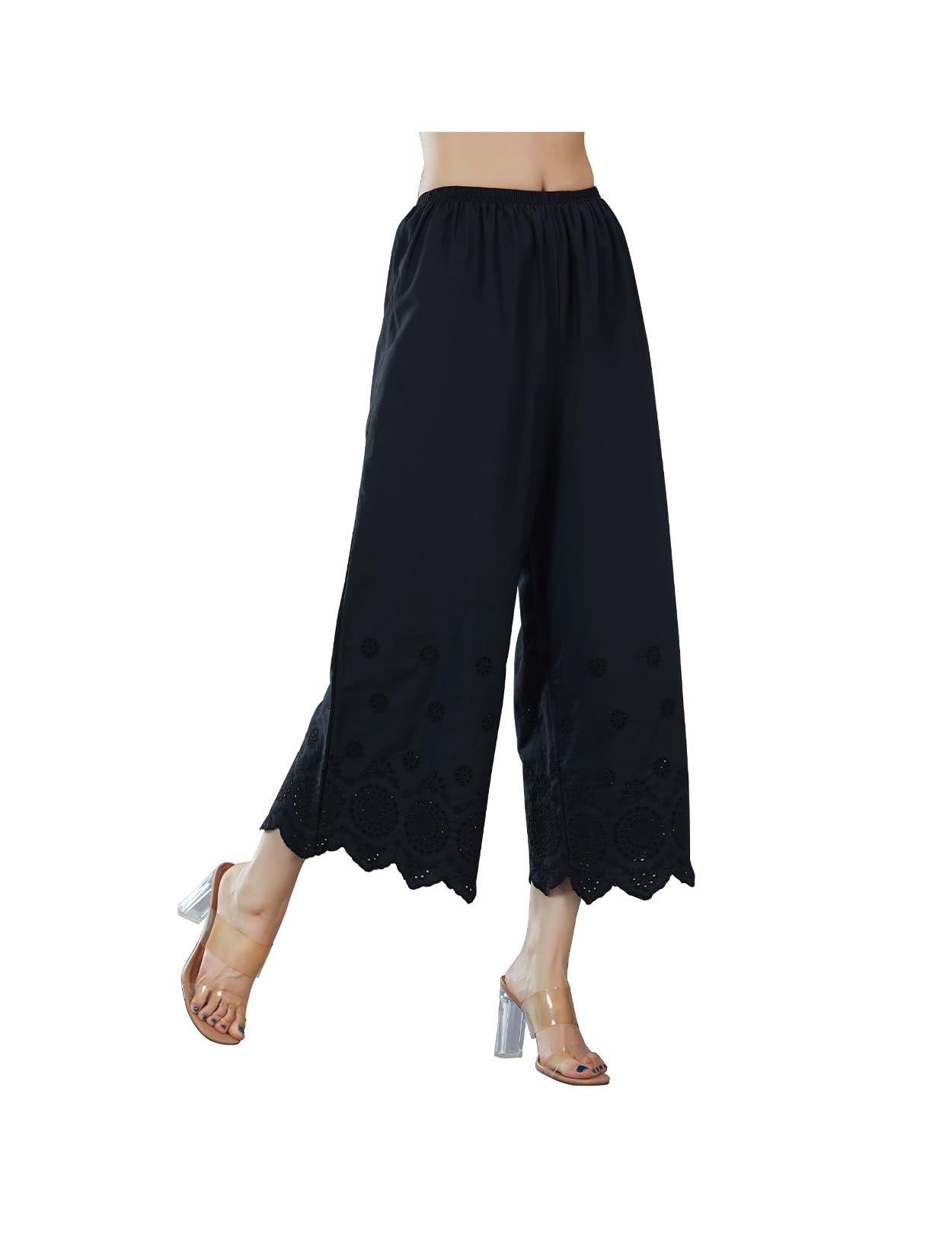 【送料無料】[BEAUTELICATE] ペチパンツ 綿100％ 重ね着 ロング 透け防止 通気性 裾レース刺 インナーパンツ 色：黒 02、サイズ：M