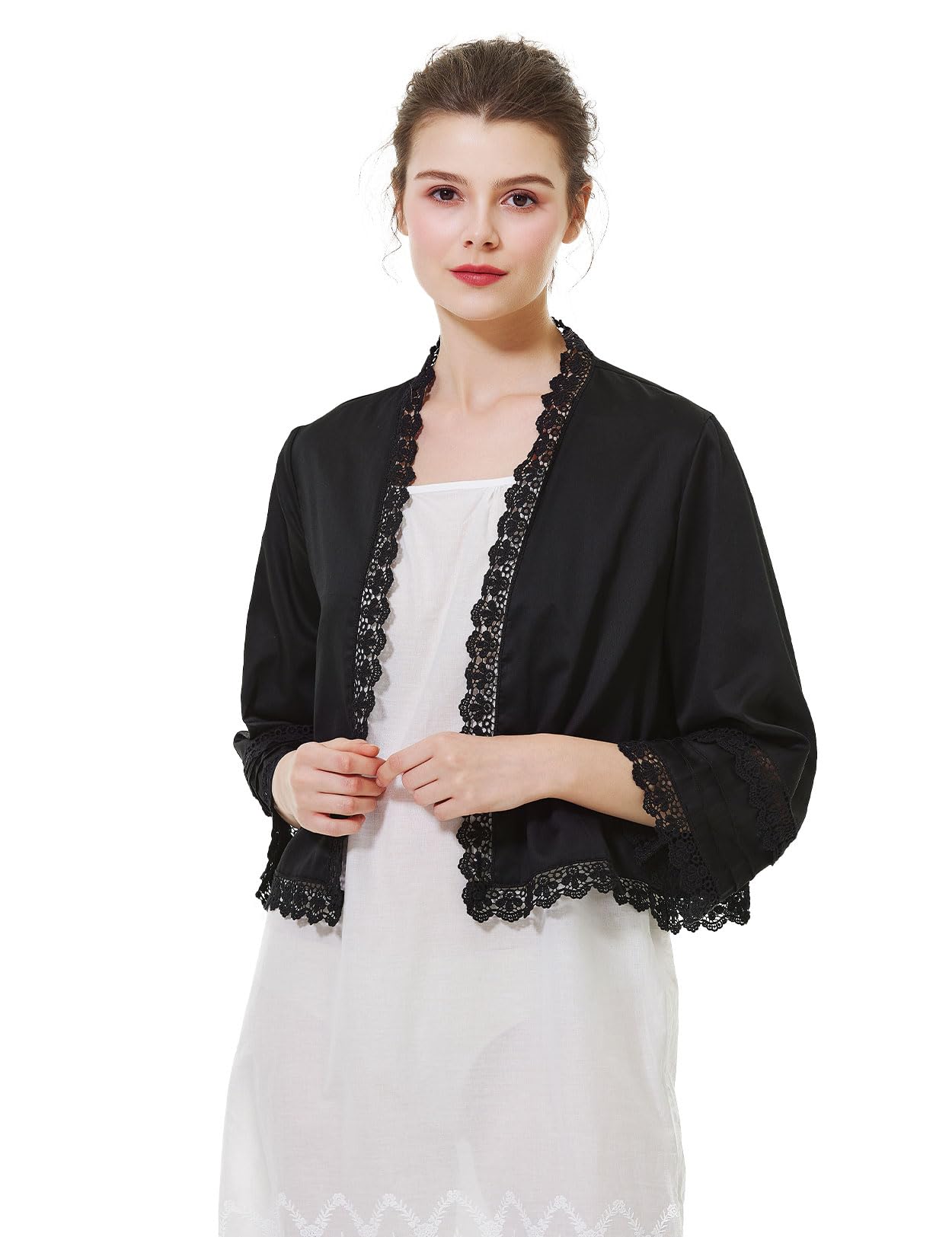 【送料無料】[BEAUTELICATE] ボレロ 九分袖 カーディガン ショート丈 ルームウェア パジャマ 部屋着 羽織り 冷房対策 可愛い 綿サテン 通気 レース 前開き お湯 温泉 海 プール 旅行 色：ブラック、サイズ：S