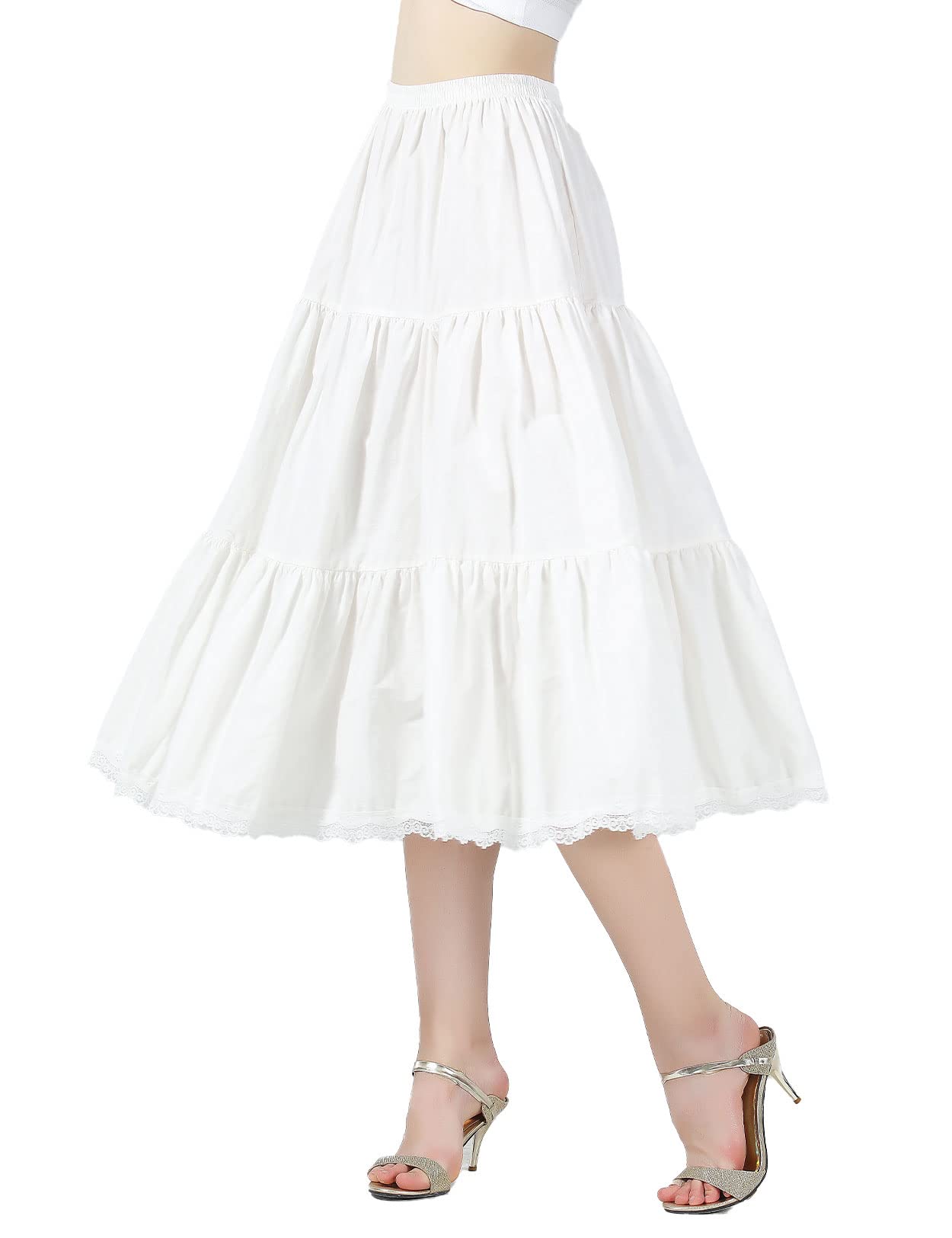 【送料無料】[BEAUTELICATE] ペチコート 綿 レース 透けない スカート フリル 静電気防止 膝丈 マキシ アンダースカート ロング ショート インナースカート ペチスカート 色：ホワイト 75cm丈、サイズ：M