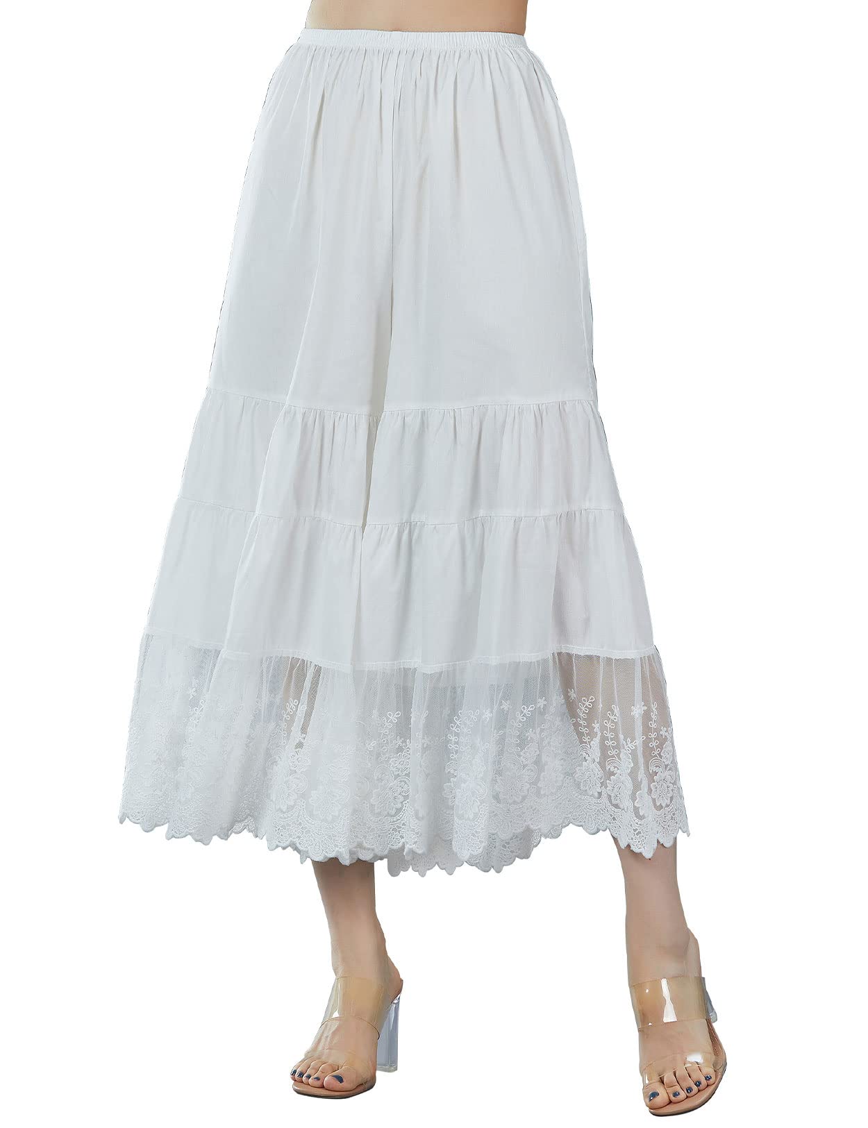 【送料無料】[BEAUTELICATE] ペチパンツ レディース 綿 裾レース ロング 静電気防止 マキシ フリル 色：白 06、サイズ：2L