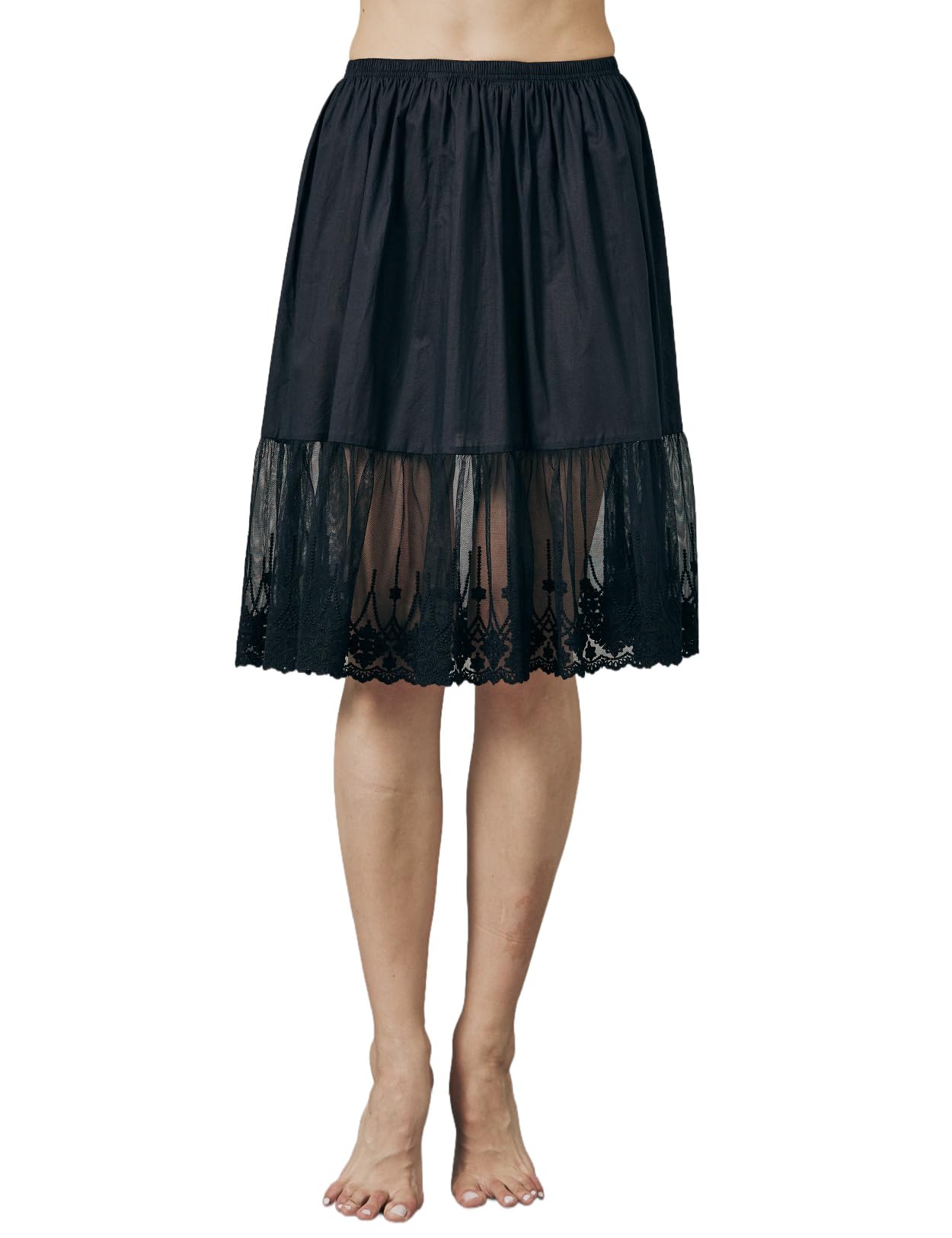 【送料無料】[BEAUTELICATE] レーストリム付きハーフスリップコットンスカートエクステンダーヴィンテージアンダースカートペチコート 色：黒 60cm、サイズ：M