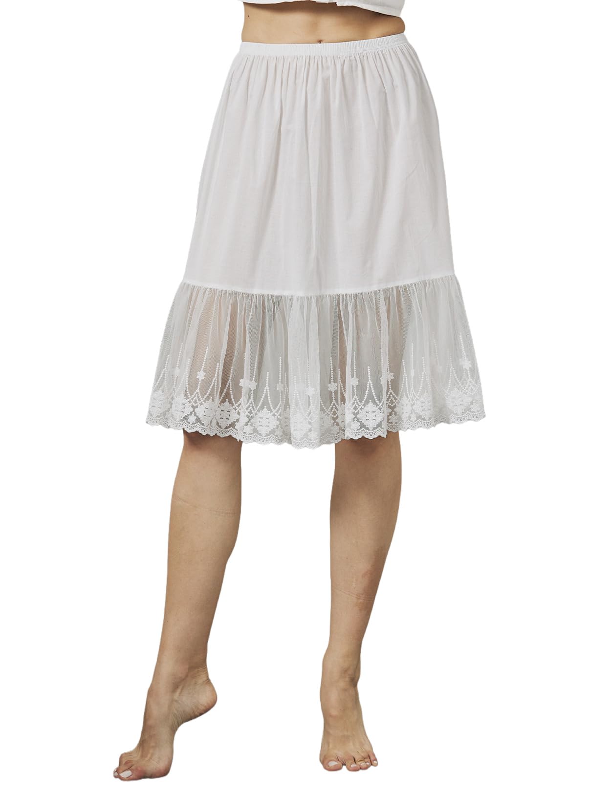 【送料無料】[BEAUTELICATE] レーストリム付きハーフスリップコットンスカートエクステンダーヴィンテージアンダースカートペチコート 色：アイボリー 60cm、サイズ：M