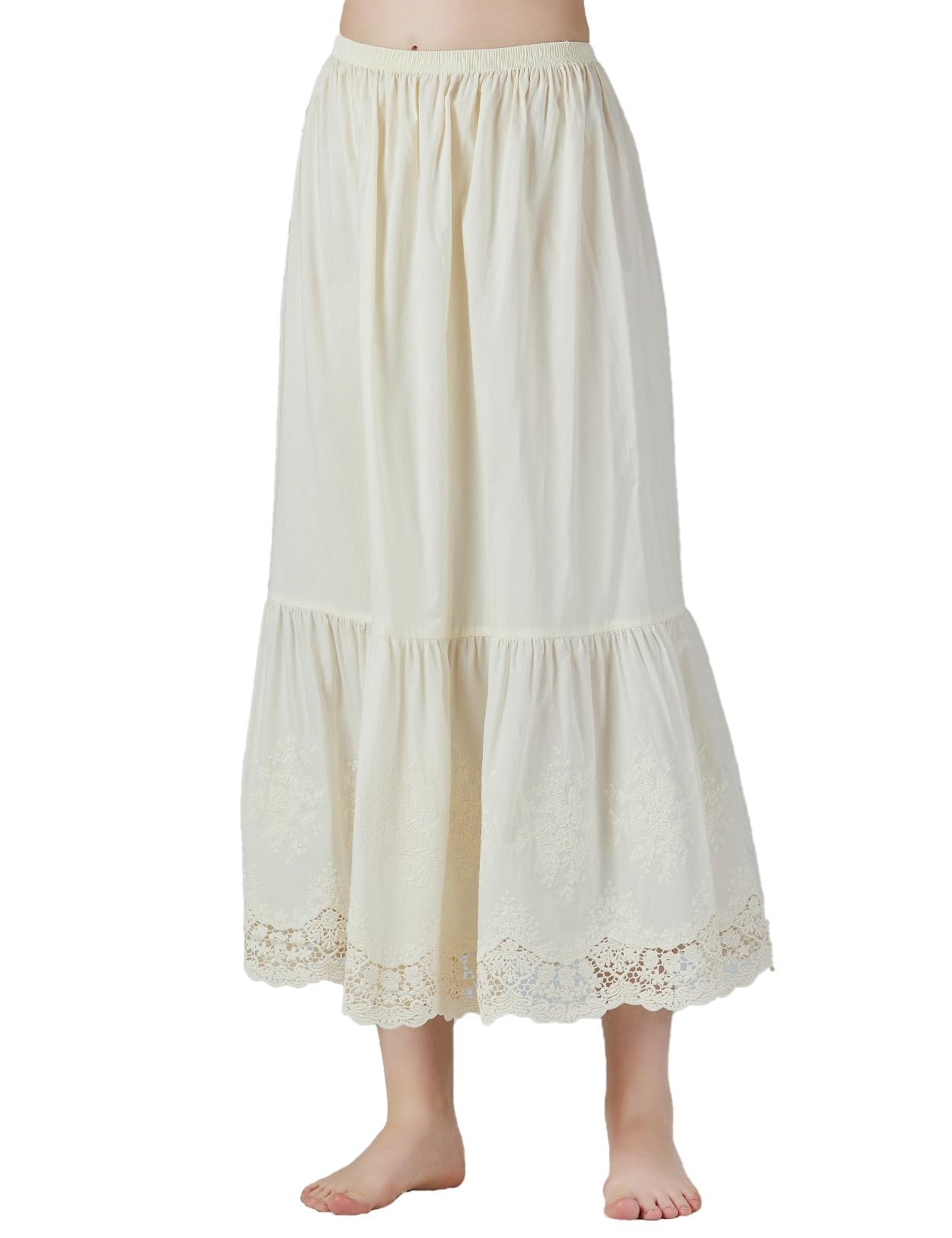 【送料無料】[BEAUTELICATE] ペチコート レディース 綿100％ 中空レース 静電気防止 ロング インナースカート 部屋着 フリル 重ね着 色：花弁 クリーム色、サイズ：2L