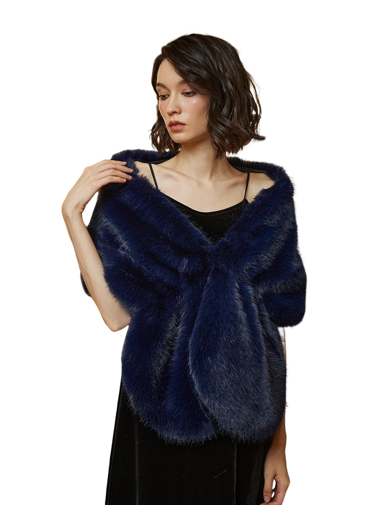 【送料無料】[BEAUTELICATE] ショール レディース 厚手 ストール 大判 ファー 暖かい ふわふわ フェイクファー フォックス 冬 ボレロ 結婚式 パーティー 色：152 ネイビーブルー、サイズ：Free Size