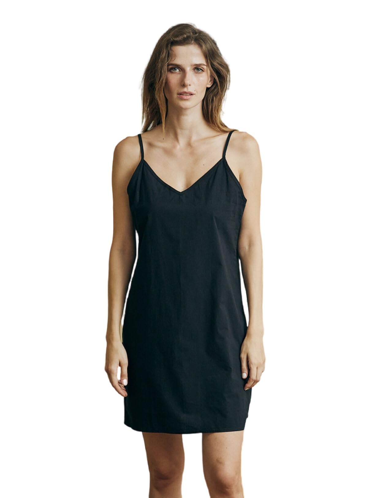 【送料無料】[BEAUTELICATE] インナーワンピース ペチコート ワンピース スリップ 綿100% 肌着 Vネック 肩紐調節 透け感対策 通気 快適 膝上 色：ブラック、サイズ：M