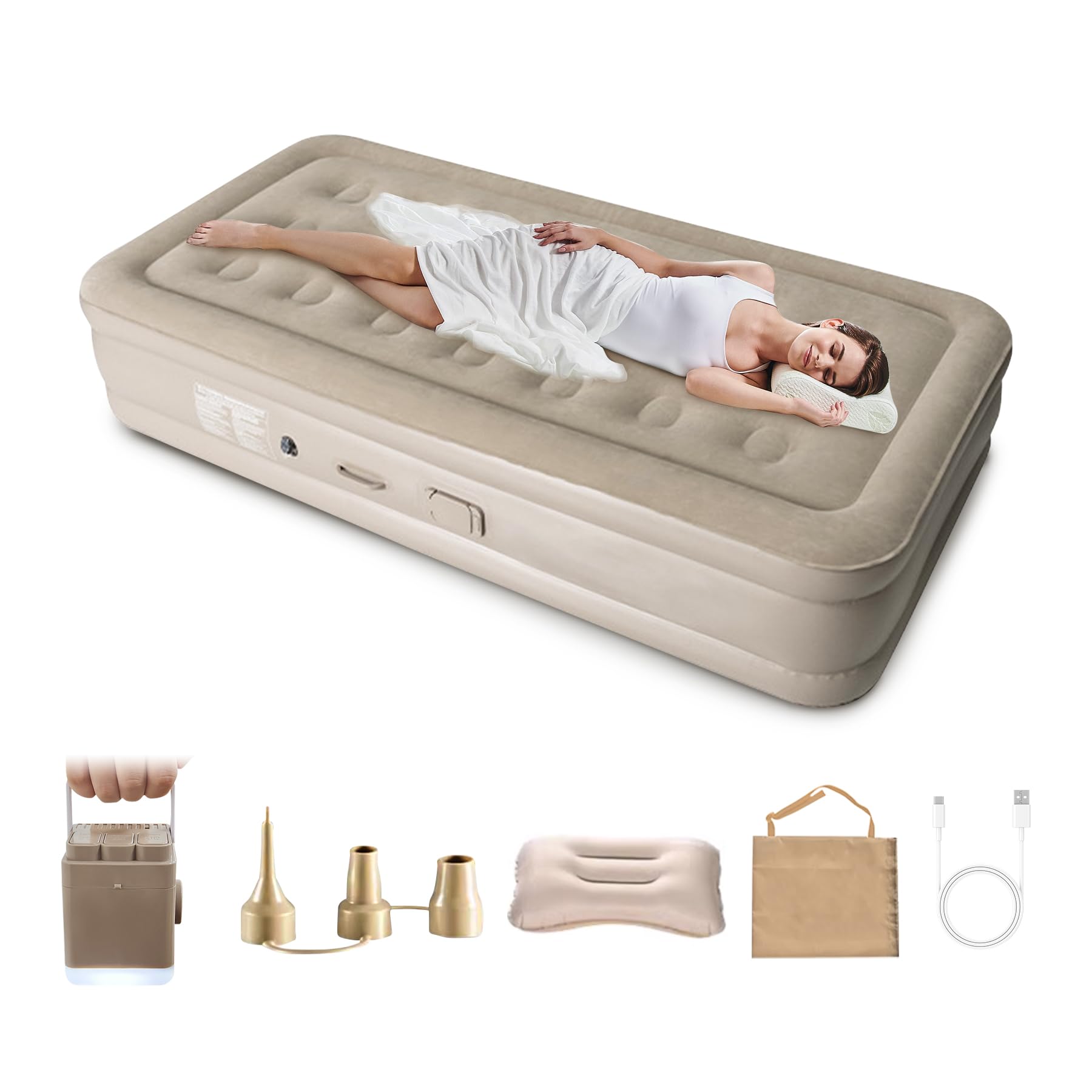 【送料無料】DAIDAIZAI エアーベッド 電動エアーベッド 電動ポンプ内蔵 シングルサイズ 190×100×40cm 耐荷重150kg 枕付き エアーマットレス 空気ベッド 自動膨張 フロック表面加工 極厚 防水 防潮 寝心地良い 来客用/車 色：カーキ色、サイズ：190x100x40cm、シングル