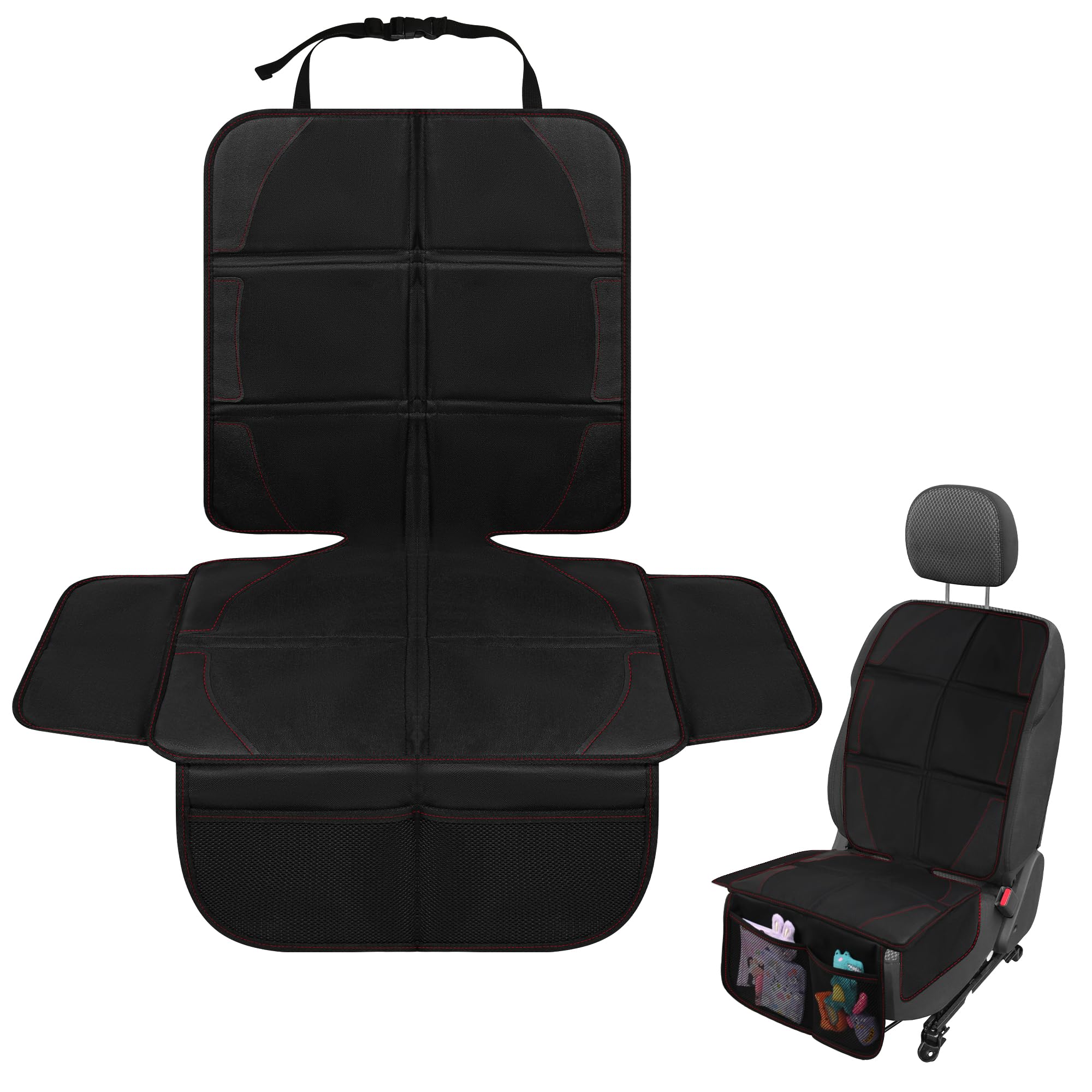 【送料無料】JEYODA 保護マット滑り止め 車 座席保護 シートプロテクター 用カーシートプロテクター 防水 摩耗性 汚れ防止 車用品 収納 ポケット 色：黒い赤い糸