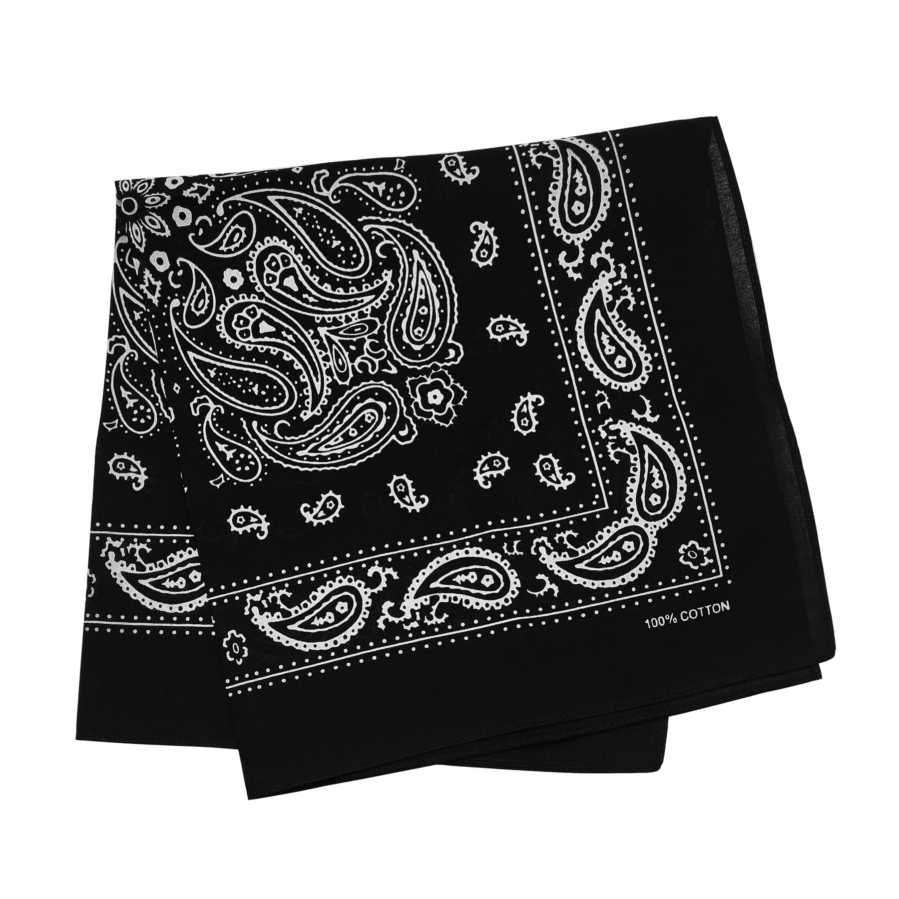 【送料無料】[Trifong] バンダナ ユニセックス 綿100% コットン カシューナッツ柄 ペイズリー ハンカチ 大判 55cm×55cm 色：ブラック、サイズ：55cm×55cm