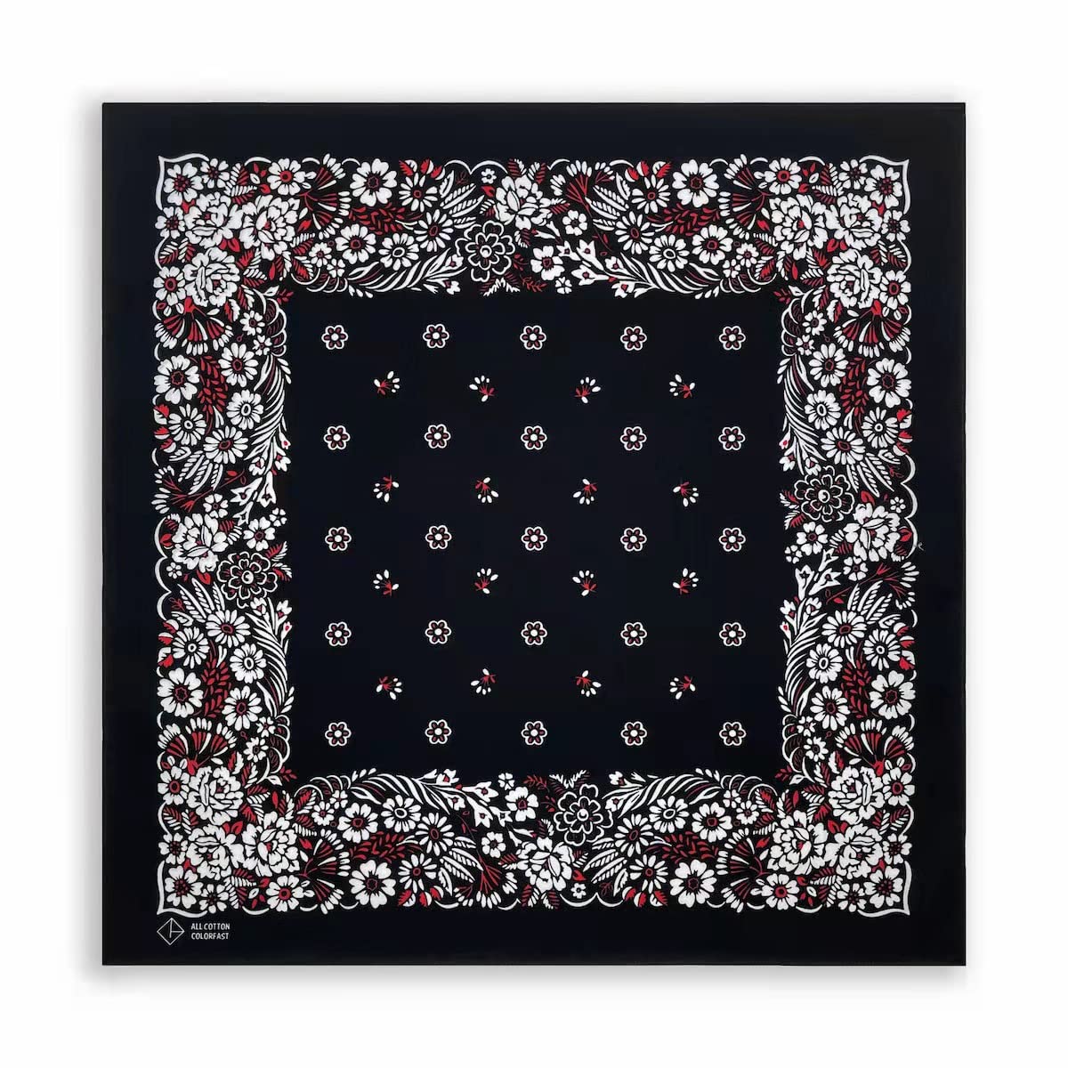 【送料無料】[Trifong] バンダナ 綿100% コットン カシューナッツ柄 ペイズリー ハンカチ ユニセックス 大判 55cm×55cm 色：花柄 ブラック、サイズ：55cm×55cm