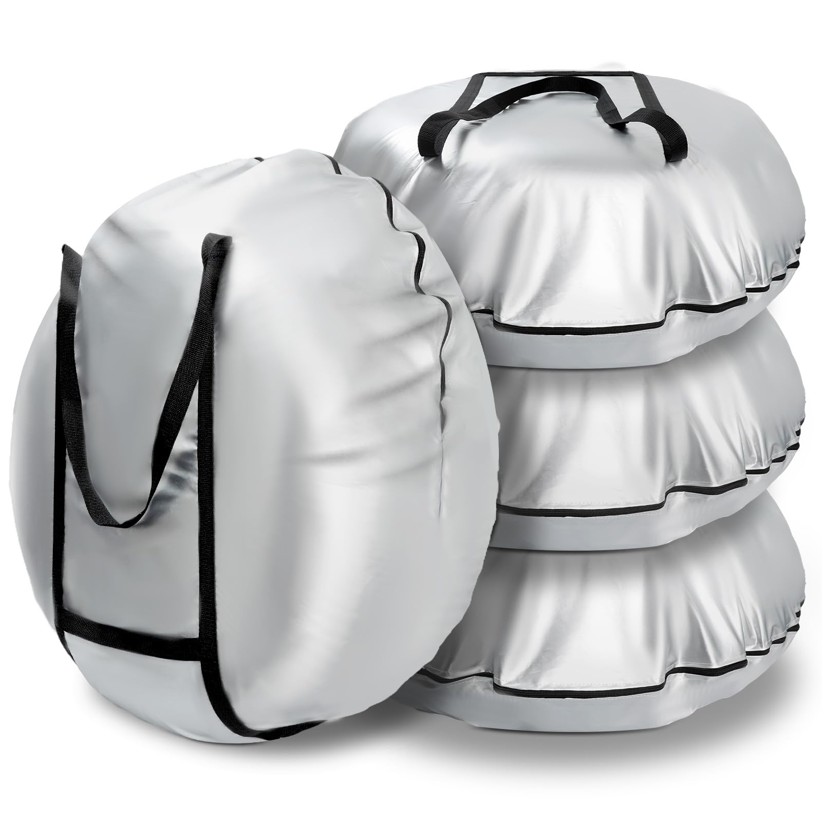 【送料無料】SUPTEMPO タイヤカバー 屋外 防水 420D タイヤ収納 厚手 ハンドル付き タイヤ カバー 劣化 UVカット 汚れ防止 防犯 耐久 雨雪対応 全季節対応 タイヤ保管カバー 軽自動車 収納袋付き 色：銀色-4枚、サイズ：M(65*26cm)