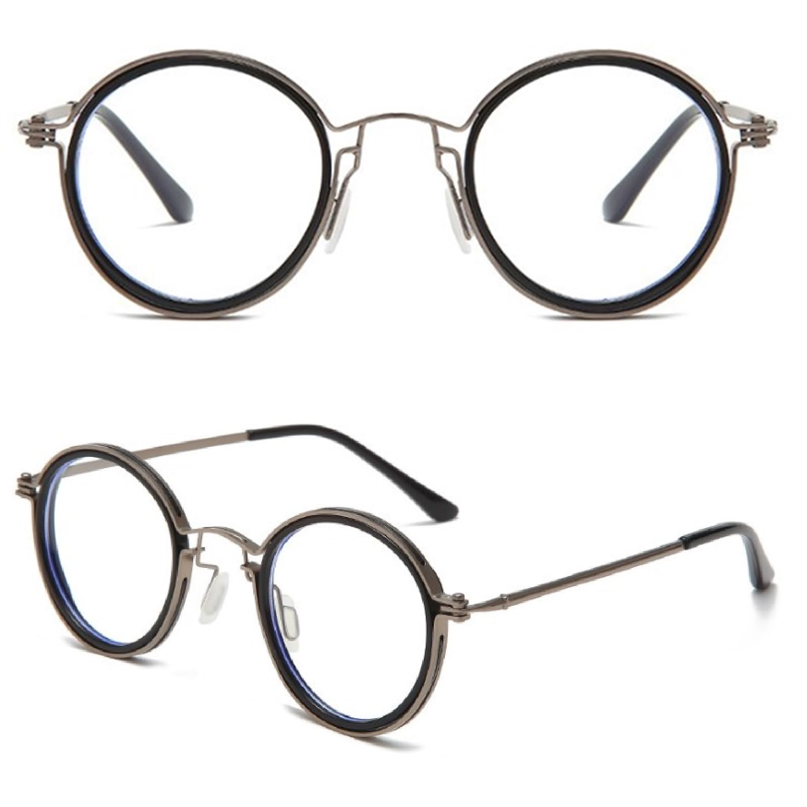 【送料無料】[REONAS] レトロ 丸メガネ ブルーライトカット + UVカット ラウンド メガネ 職人技 クラフト デザインメガネ 芸能人 知的 BRAND3 色：ガンメタBK