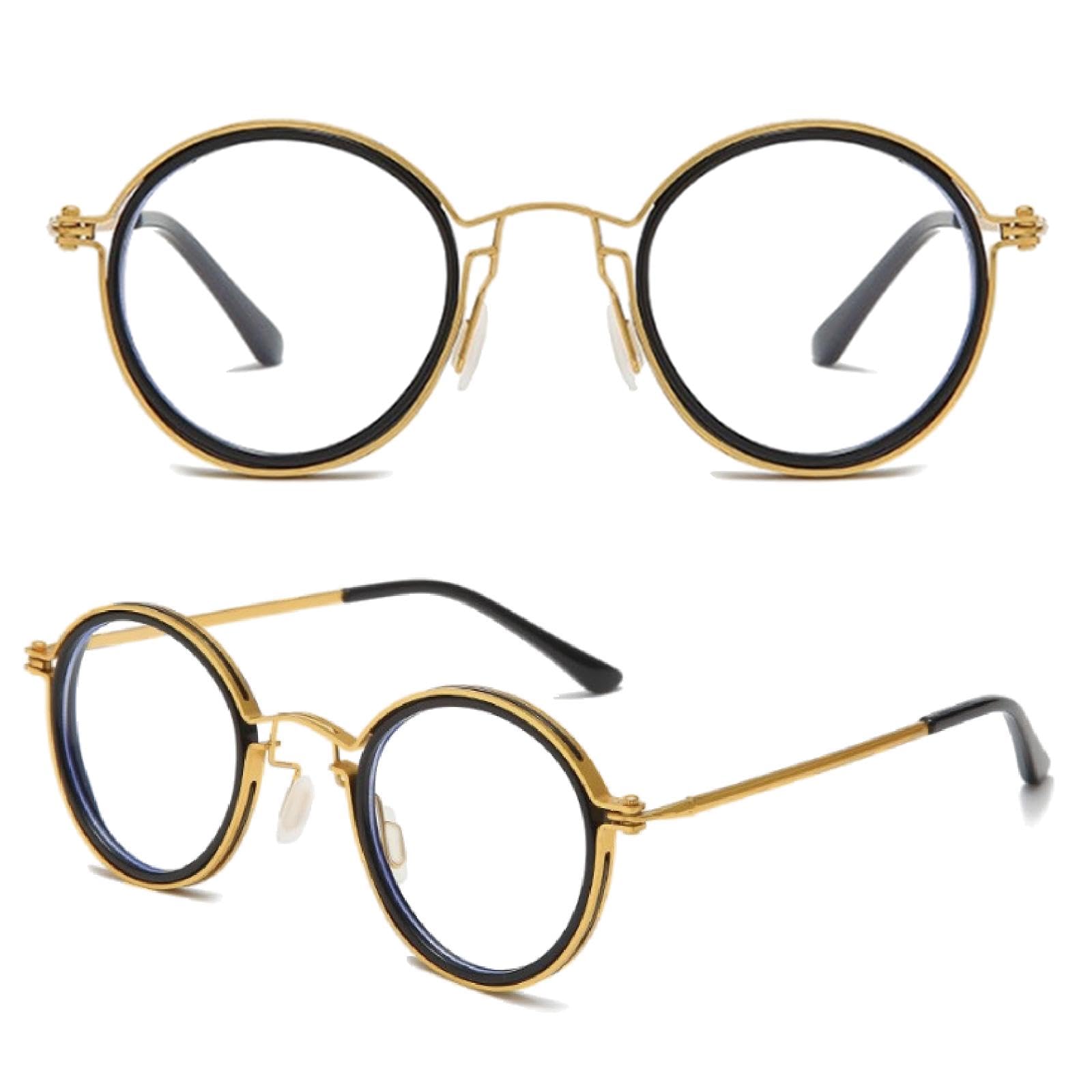 【送料無料】[REONAS] レトロ 丸メガネ ブルーライトカット + UVカット ラウンド メガネ 職人技 クラフト デザインメガネ 芸能人 知的 BRAND3 色：ゴールドBK