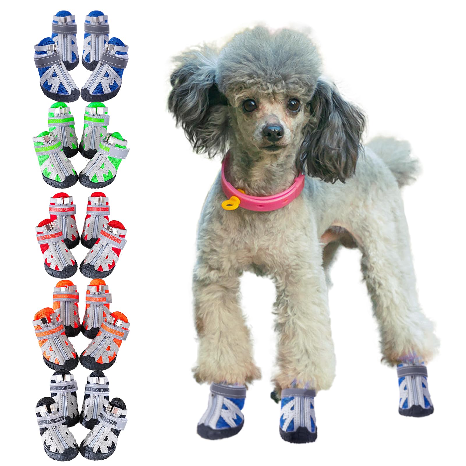 【送料無料】KUVEELA PET 犬用靴 犬用シューズ 雨用ブーツ レインシューズ 肉球保護 滑り止め 汚れ防止 通気性 お出かけ お散歩 4個セット 色：ブルー、サイズ：4#