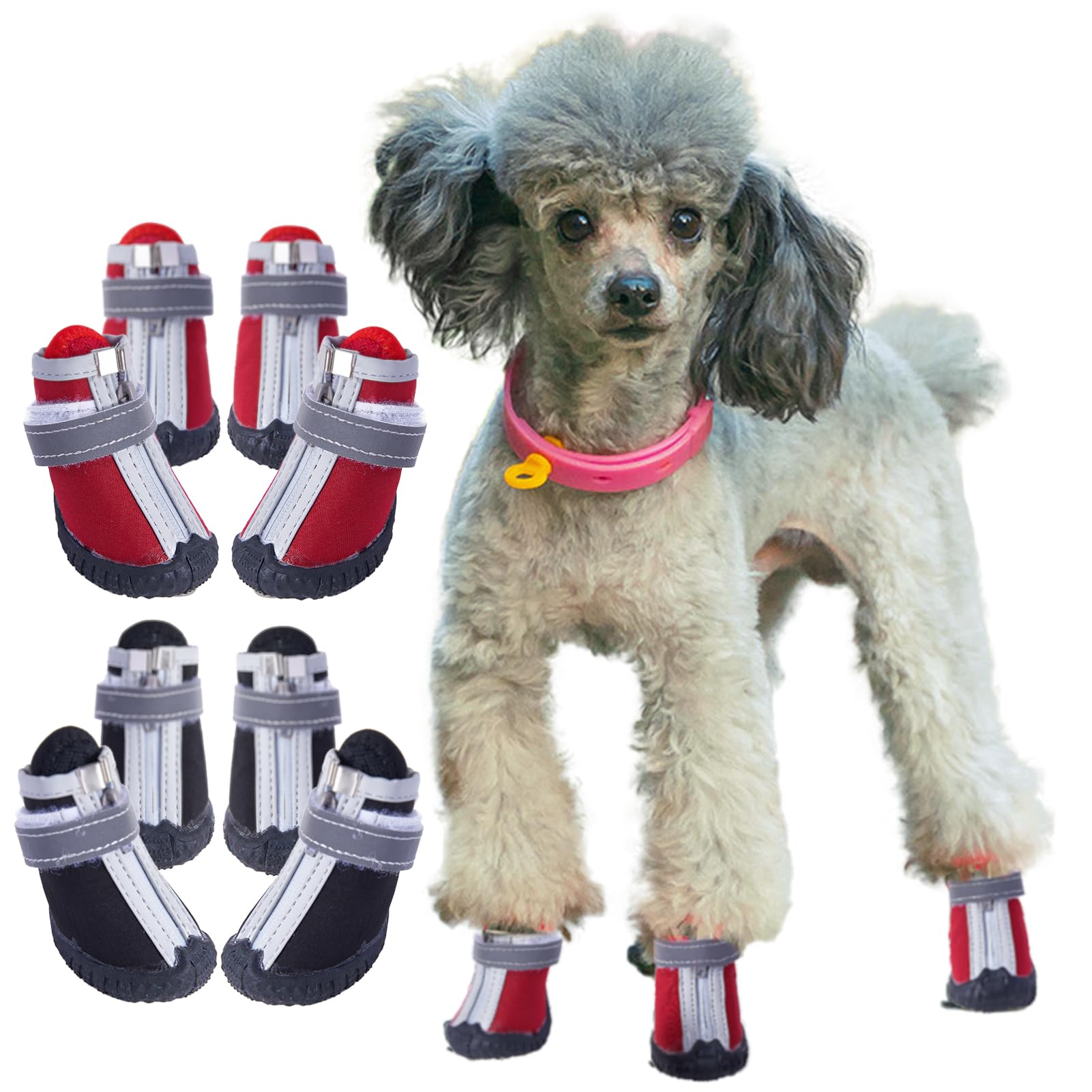 【送料無料】KUVEELA PET 犬用靴 犬用シューズ 雨用ブーツ レインシューズ 肉球保護 滑り止め 汚れ防止 通気性 お出かけ お散歩 4個セット 色：（防水型）ブラック、サイズ：1#