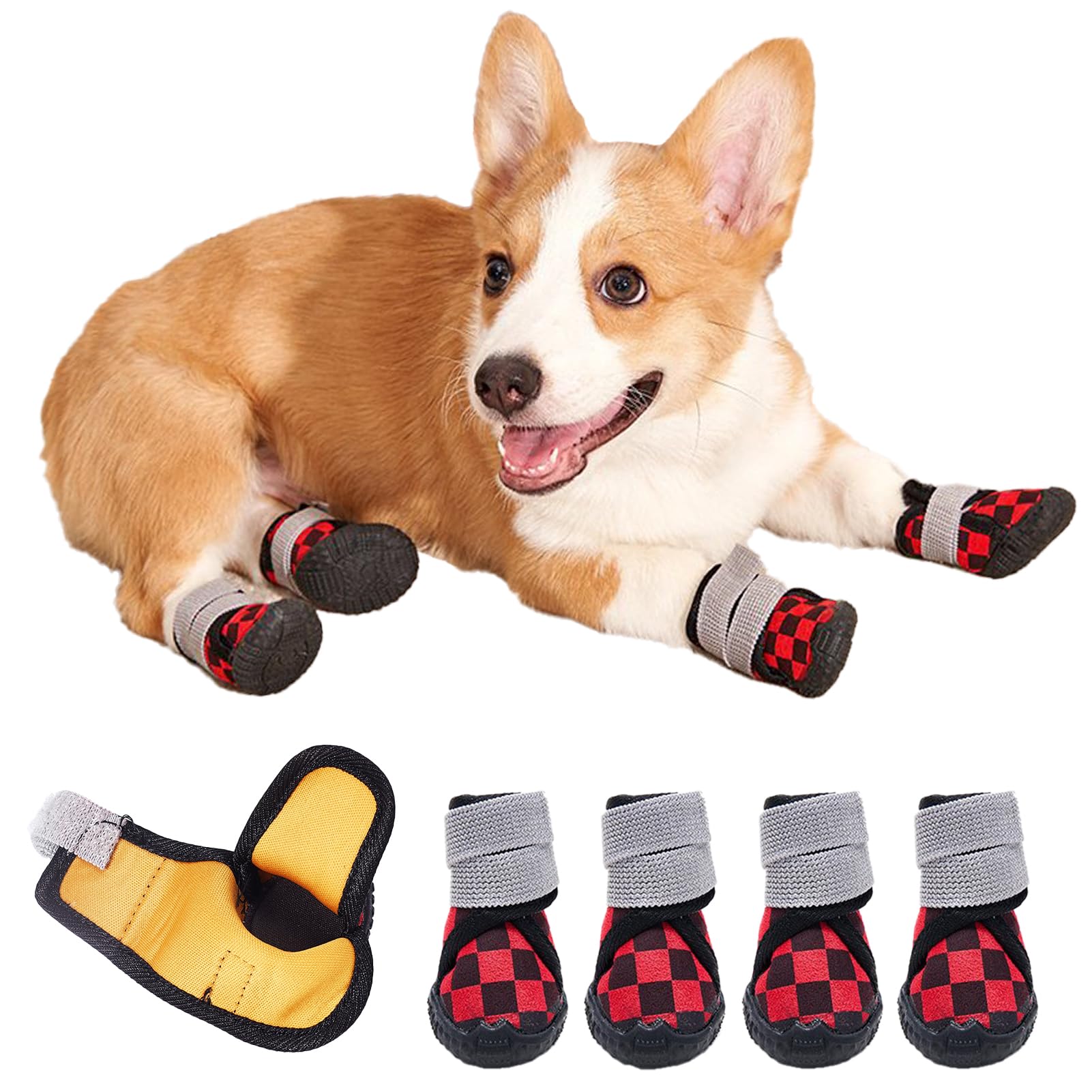 【送料無料】KUVEELA PET 犬用靴 犬用シューズ 雨用ブーツ レインシューズ 肉球保護 滑り止め 汚れ防止 通気性 お出かけ お散歩 4個セット 色：（防水型）レッドチック、サイズ：5#