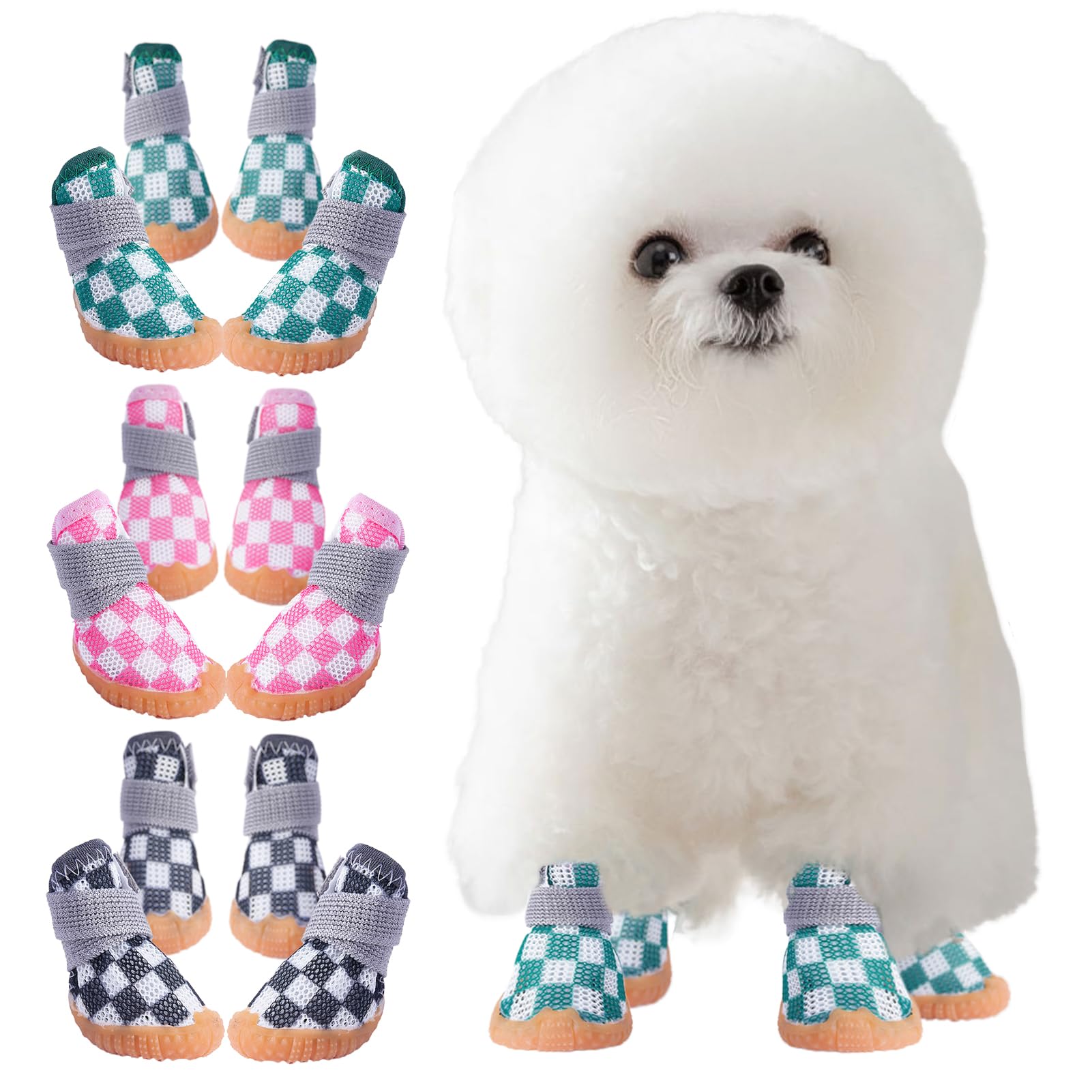 【送料無料】KUVEELA PET 小型犬 中型犬 犬靴 犬用シューズ ペットブーツ ドッグウェア メッシュ ひんやり 軽い 脱げない 肉球保護 滑り止め 汚れ防止 通気性 マジックテープ お出かけ お散歩 4個セット 色：（チェック）グリーン、サイズ：3#