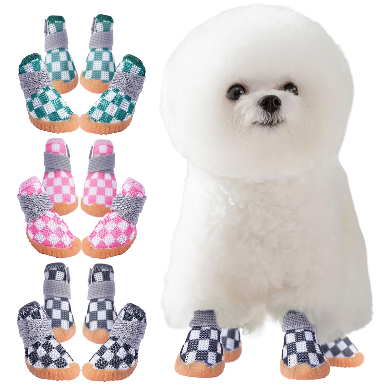 【送料無料】KUVEELA PET 小型犬 中型犬 犬靴 犬用シューズ ペットブーツ ドッグウェア メッシュ ひんやり 軽い 脱げない 肉球保護 滑り止め 汚れ防止 通気性 マジックテープ お出かけ お散歩 4個セット 色：（チェック）ブラック、サイズ：2#