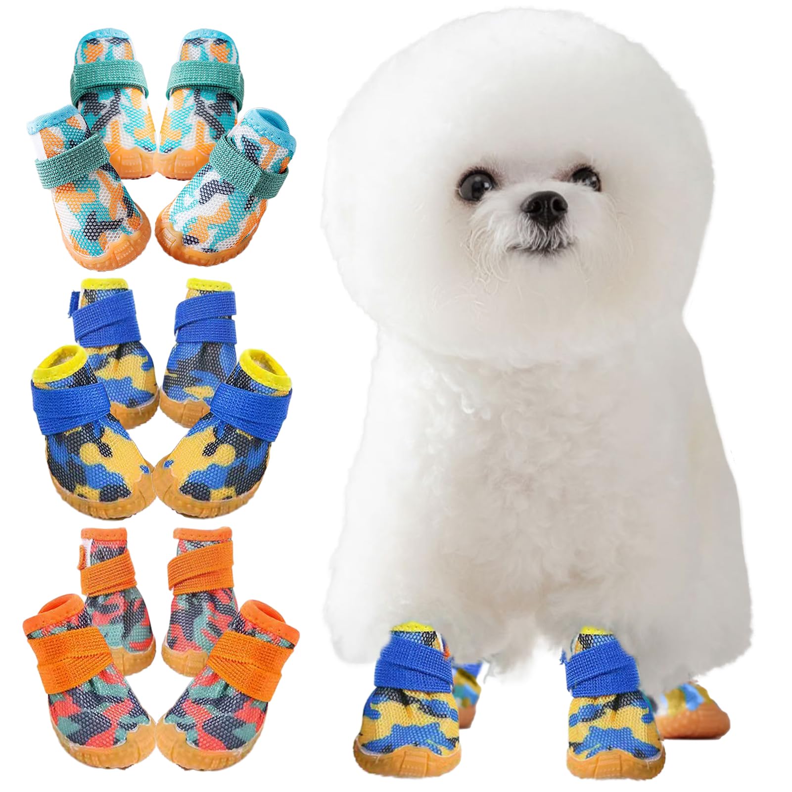 【送料無料】KUVEELA PET 小型犬 中型犬 犬靴 犬用シューズ ペットブーツ ドッグウェア メッシュ ひんやり 軽い 脱げない 肉球保護 滑り止め 汚れ防止 通気性 マジックテープ お出かけ お散歩 4個セット 色：（迷彩）ブルー、サイズ：4#