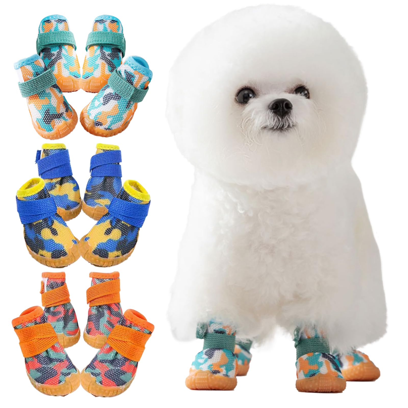 【送料無料】KUVEELA PET 小型犬 中型犬 犬靴 犬用シューズ ペットブーツ ドッグウェア メッシュ ひんやり 軽い 脱げない 肉球保護 滑り止め 汚れ防止 通気性 マジックテープ お出かけ お散歩 4個セット 色：（迷彩）グリーン、サイズ：5#