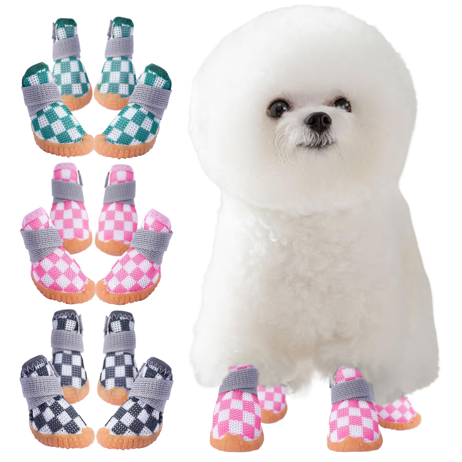 【送料無料】KUVEELA PET 小型犬 中型犬 犬靴 犬用シューズ ペットブーツ ドッグウェア メッシュ ひんやり 軽い 脱げない 肉球保護 滑り止め 汚れ防止 通気性 マジックテープ お出かけ お散歩 4個セット 色：（チェック）ピンク、サイズ：4#