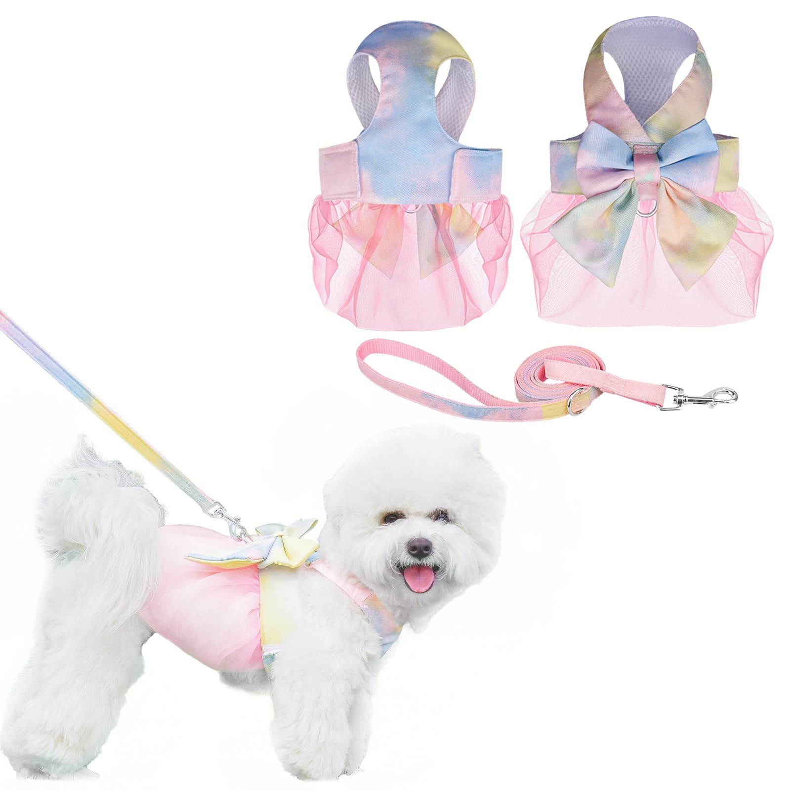 【送料無料】KUVEELA PET 猫 小型犬 中型犬 ハーネス リードセット ドッグウエア 猫服 犬服 リボン スカート 軽量 胸当て 胴輪 牽引ロープ 可愛い おしゃれ 調節可能 お散歩 着脱簡単 色：（スカート）イエロー＋ブルー、サイズ：XS