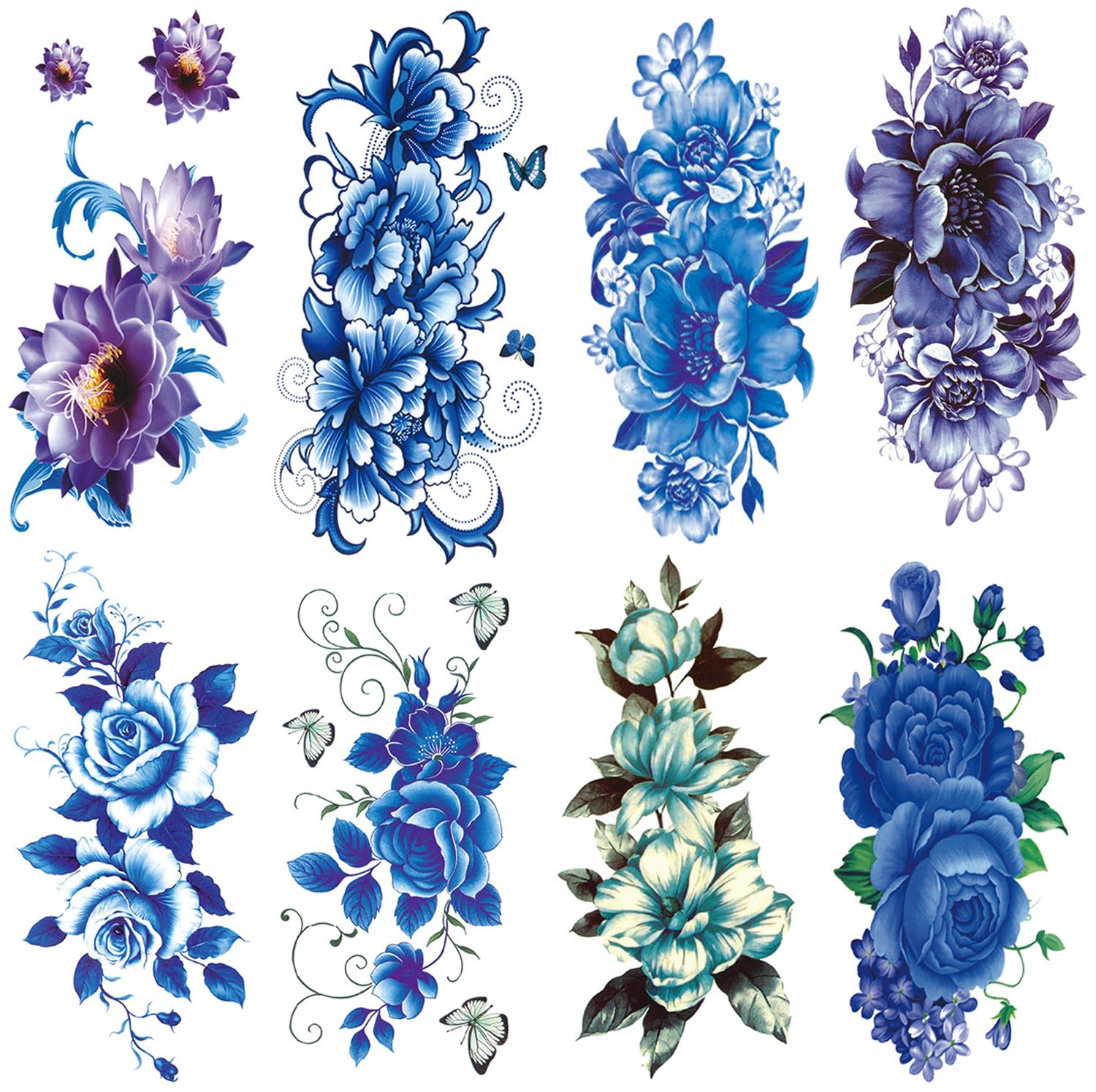 楽天COCO 生活便利グッズ【送料無料】MOICUUタトゥーシール 長持ち 防水 入れ墨シール おしゃれ タトゥーステッカー ボディーシール メンズ レディース 刺青 腕、足、体、胸、肩、背中に簡単貼る8枚セット TATOO 12X19cm 色：花柄 青、サイズ：9*19cm