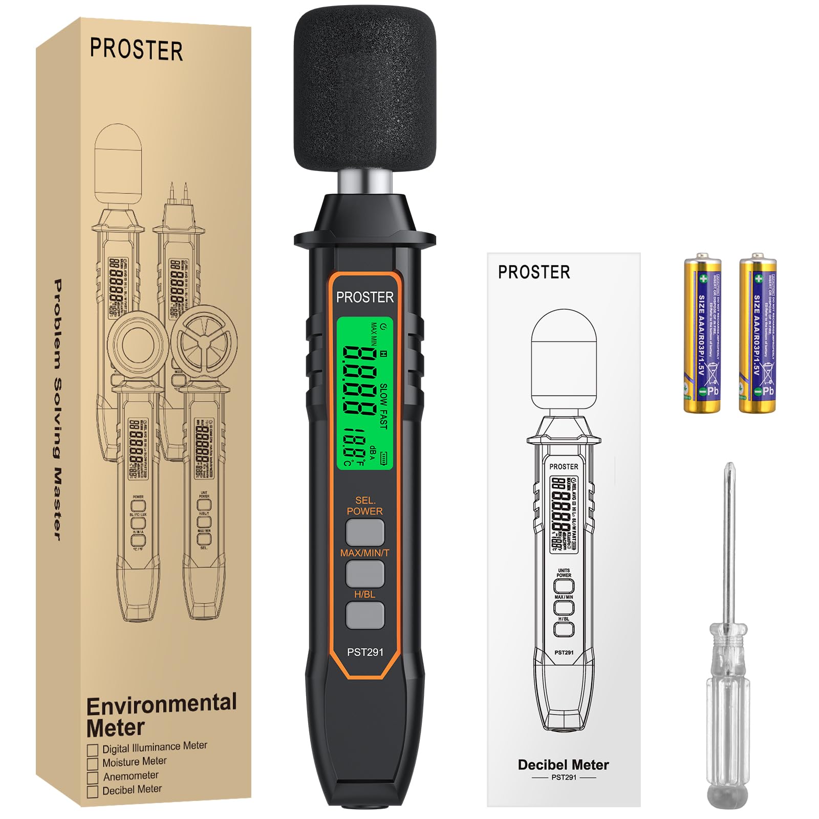 【送料無料】Proster デジタル騒音計 30-130dB/A加重 精度±2.0dB 騒音・温度 計測可能 小型 最大/最小 ..