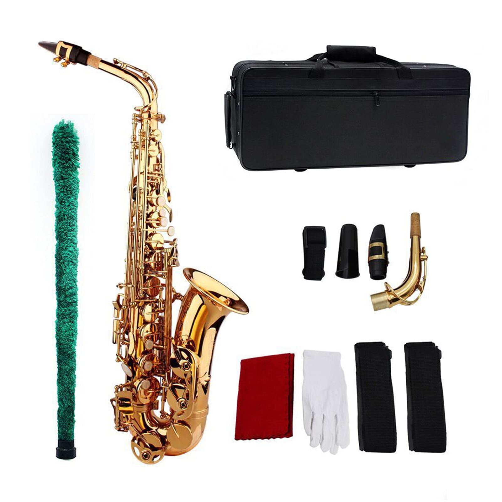 【送料無料】Btuty Saxophone Sax Eb Alto E フラットブラス彫刻パターン 表面プラスチックマウスピース 手袋付き クリーニングクロス ブラシストラップ 色：ゴールド