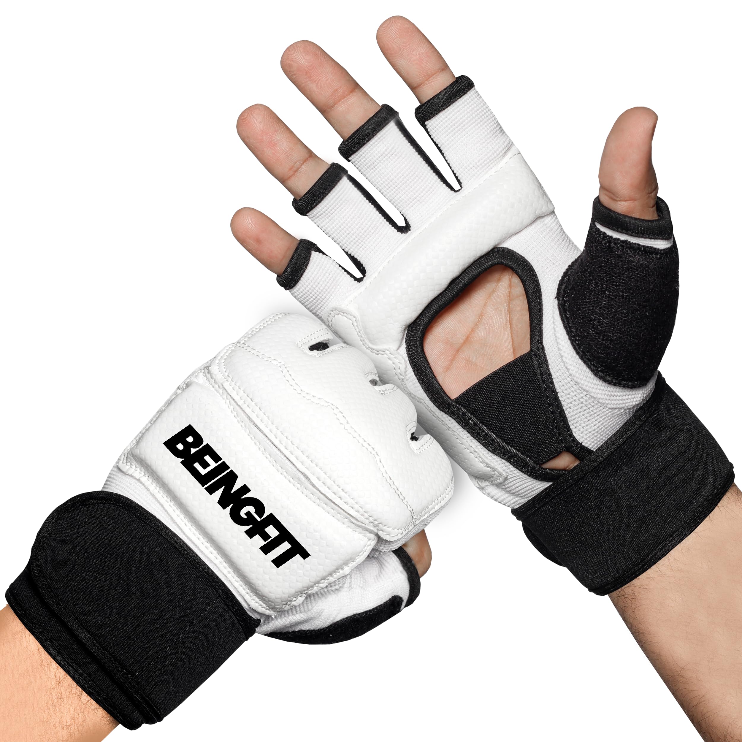 【送料無料】Beingfit オープンフィンガー グローブ ボクシンググローブ パンチンググローブ 色：ホワイト、サイズ：Large