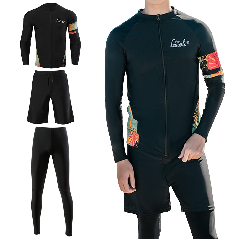 【送料無料】[IWEMEK] ラッシュガード メンズ 水着 3点セット 上下 フィットネス水着 競泳水着 サーフパンツ 長袖 レギンス UVカット 水泳 プール 海 水陸両用 吸汗速乾 色：スタイル 2、サイズ：XL