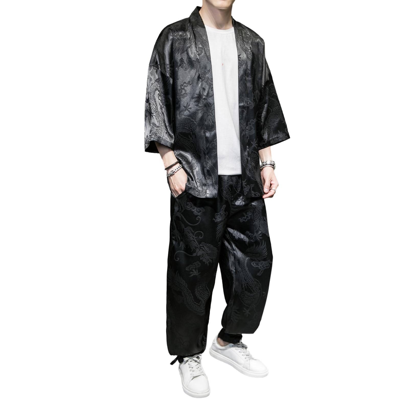 【送料無料】[inotenka] 甚平 メンズ 作務衣 羽織 セットアップ メンズ 上下セット 和風 カジュアル ロング カーディガン 7分袖 ゆったり 薄手 おしゃれ ルームウェア 春夏秋冬 花火大会/祭り/散歩/部屋着 日焼け対策 冷房対策 黒 色：龍柄ブラック、サイズ：XL