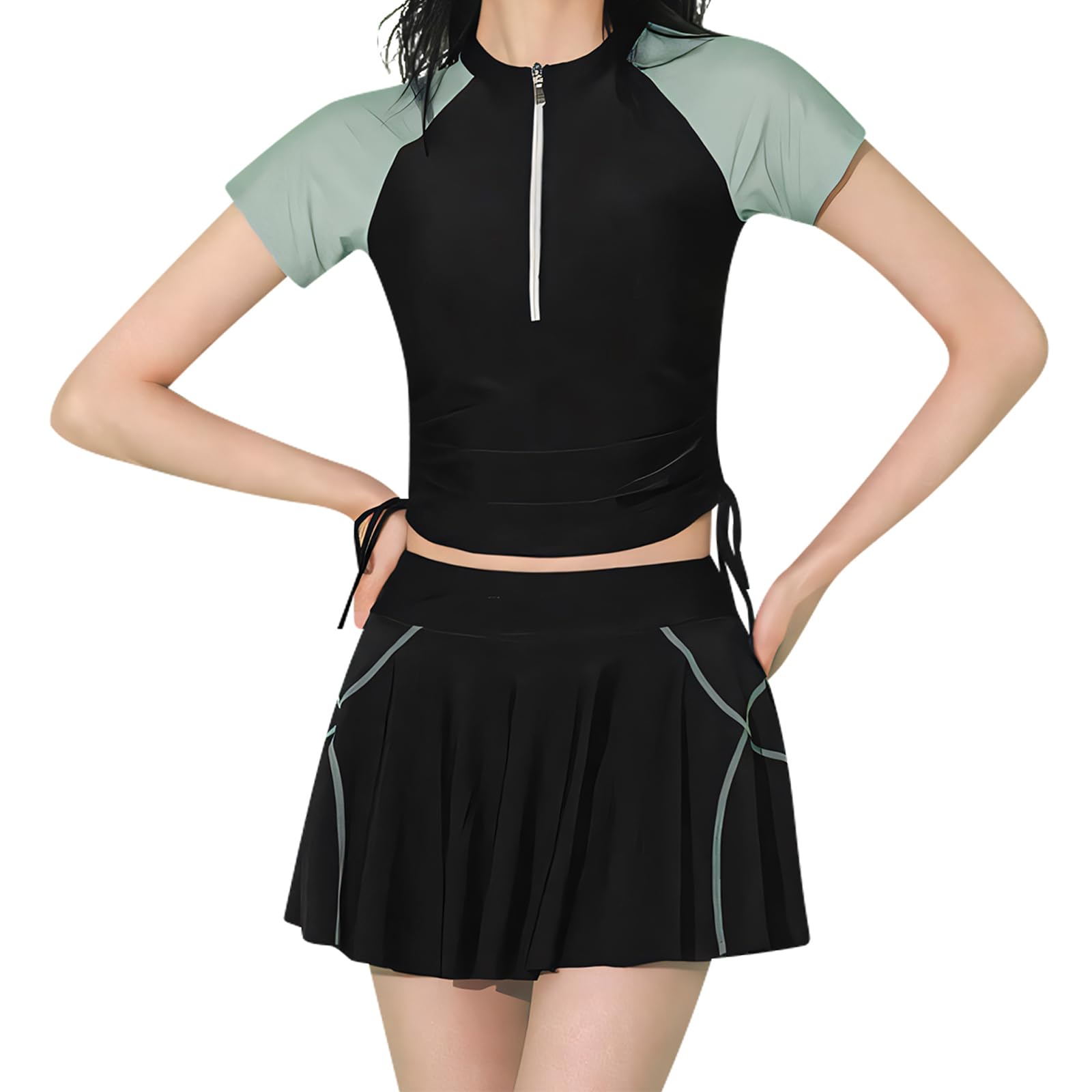 【送料無料】[inotenka] 水着 レディース 体型カバー セパレート 2点セット タンキニ フィットネス 半袖 ラッシュガード 見せパン付き パッド付き ノンワイヤー スカート 学生 水泳 水陸両用 海水浴 リゾート ピーチ 温泉 海 (JP, アル 色：ブラック、サイズ：L