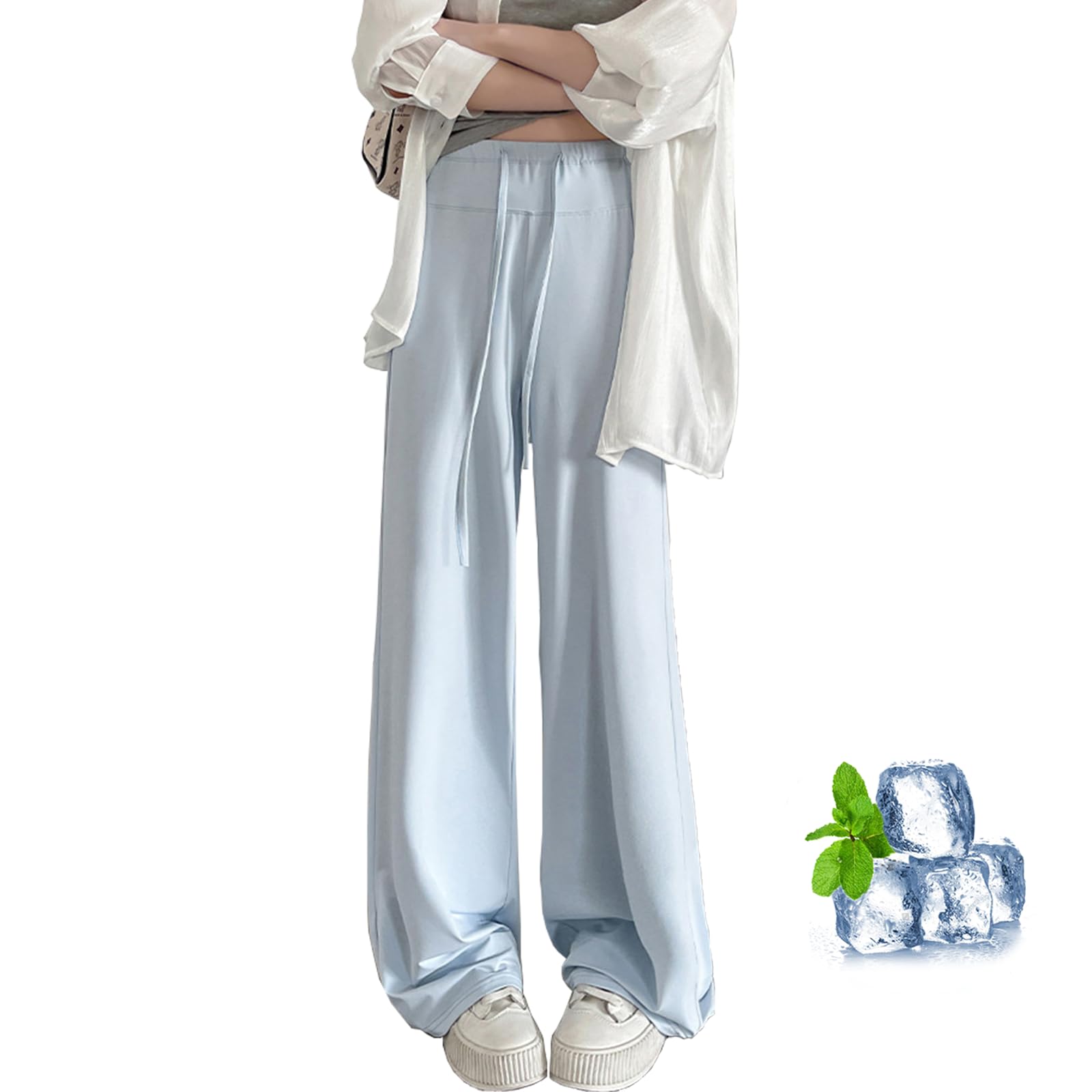 【送料無料】[inotenka] ワイドパンツ レディース UVカット ロング丈 蚊・日焼け防止 接触冷感 通気性 伸縮性 ポケットない ハイウエスト ゆったり 着痩せ 快適 カジュアル 美脚 春 夏 秋 通勤 通学 S-XL 色：ライトブルー、サイズ：M