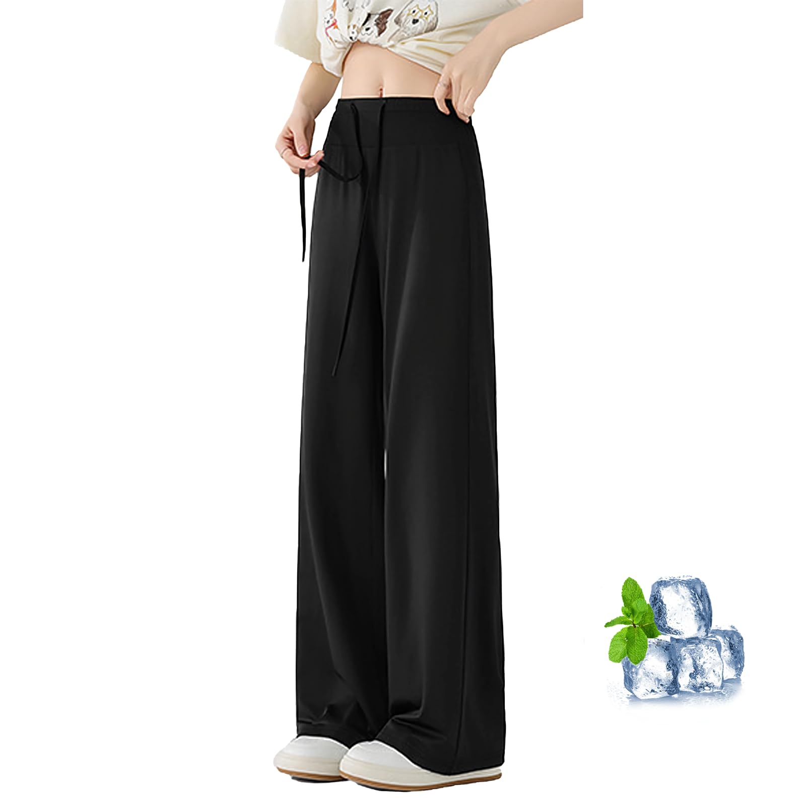 【送料無料】[inotenka] ワイドパンツ レディース UVカット ロング丈 蚊・日焼け防止 接触冷感 通気性 伸縮性 ポケットない ハイウエスト ゆったり 着痩せ 快適 カジュアル 美脚 春 夏 秋 通勤 通学 S-XL 色：ブラック、サイズ：S