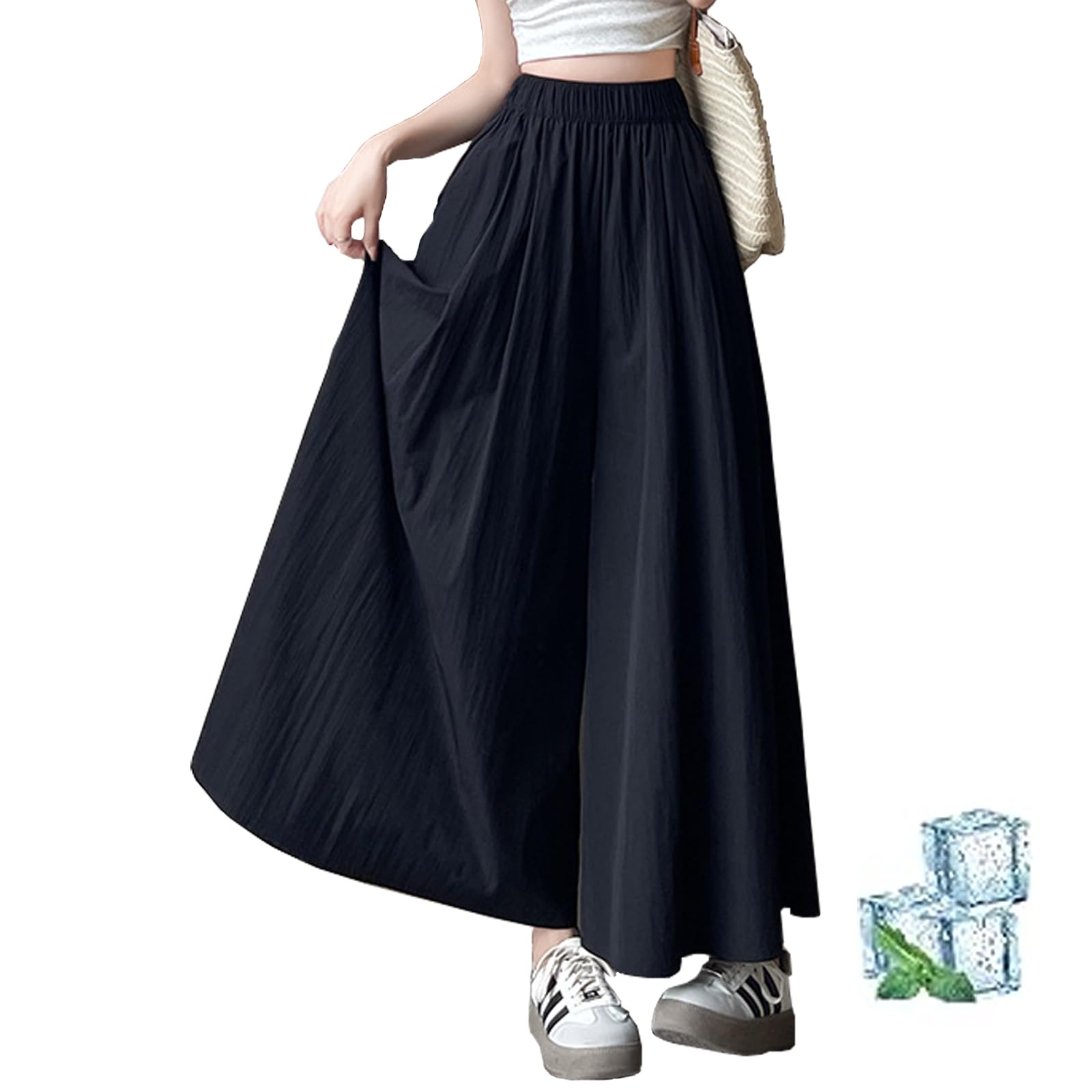 【送料無料】[inotenka] ワイドパンツ レディース ガウチョパンツ 夏 キュロット スカーチョ フレアパンツ プリーツズボン 薄い 大きいサイズ 冷感 着痩せ 夏秋 S-L 色：ブラック、サイズ：S