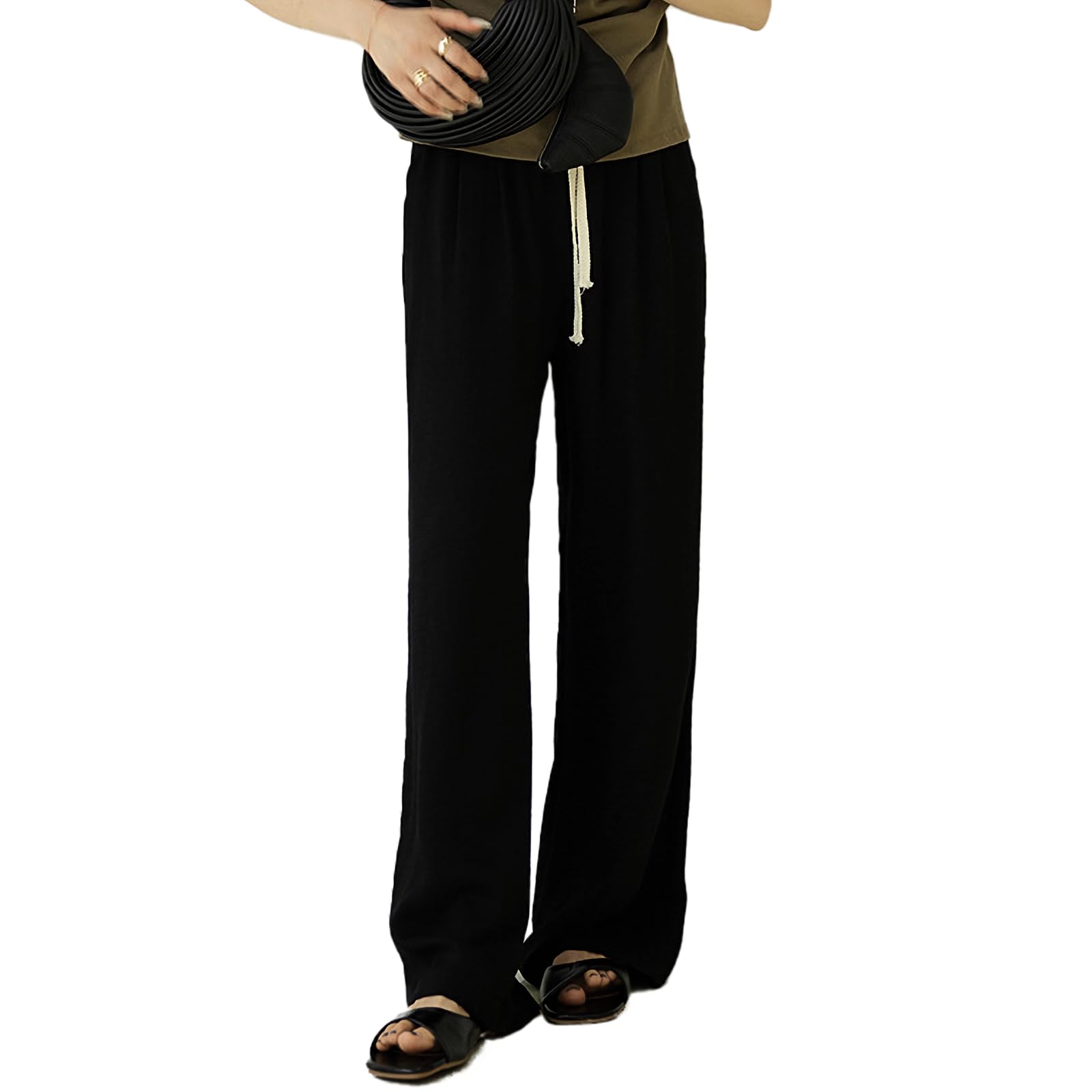 【送料無料】[inotenka] ワイドパンツ レディース 夏 リネン製 綿麻 ロング丈 ガウチョ 通気性 美脚 カジュアル ゆったり 着痩せ 快適 通勤 通学 S-XL 色：ブラック、サイズ：S