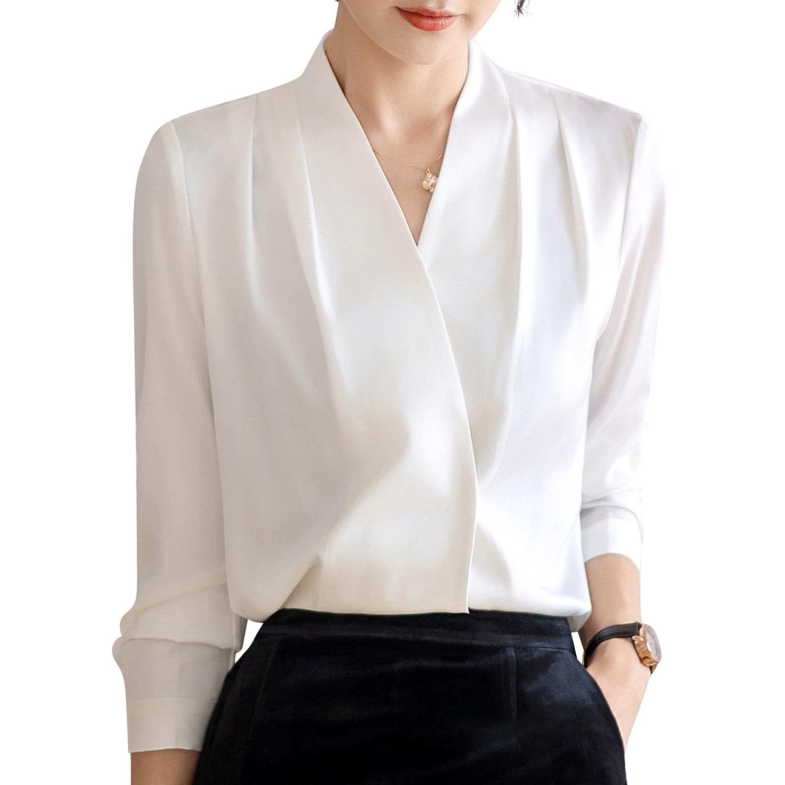 【送料無料】[inotenka] ブラウス レディース トップス 春 長袖 おしゃれ シャツ Vネック 大きいサイズ 体型カバー シフォン フォーマル オフィス フォーマル 無地 通勤 ビジネス 事務服 OL 色：ホワイト、サイズ：2XL