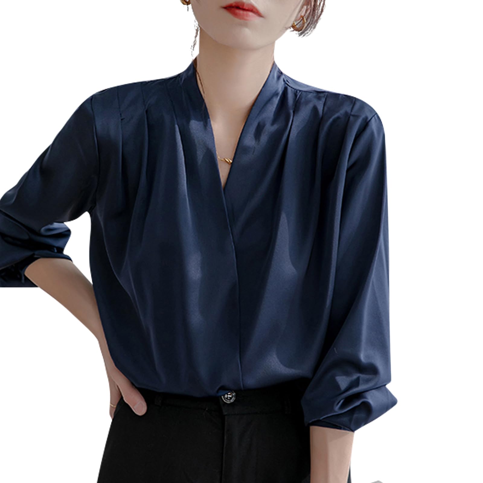 【送料無料】[inotenka] ブラウス レディース トップス 春 長袖 おしゃれ シャツ Vネック 大きいサイズ 体型カバー シフォン フォーマル オフィス フォーマル 無地 通勤 ビジネス 事務服 OL 色：ネイビー、サイズ：M