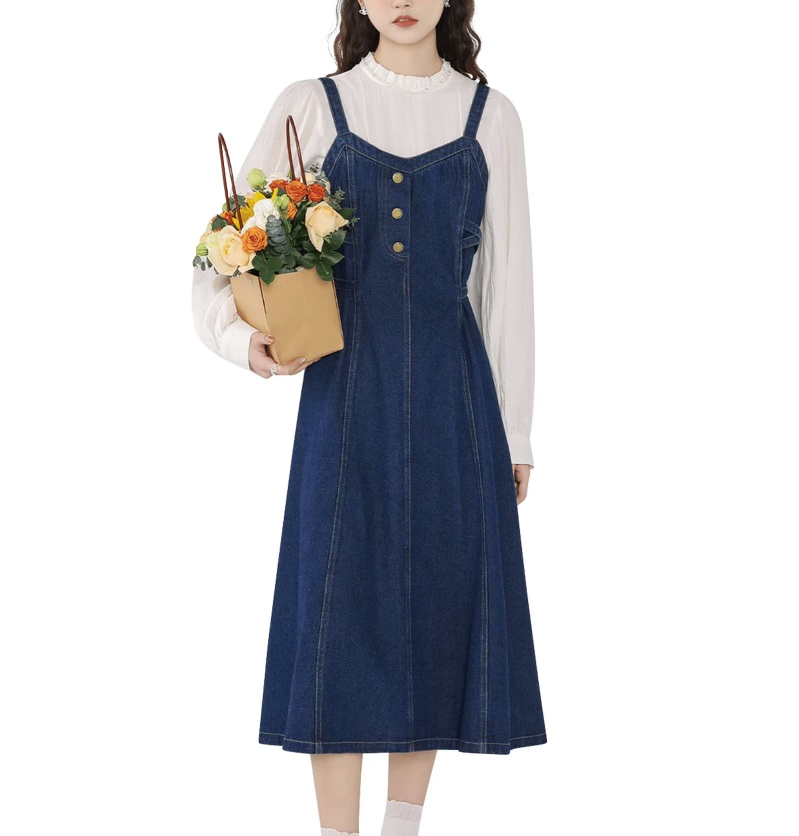 【送料無料】[inotenka] ジャンパースカート デニム ワンピースレディース 春 夏 大きいサイズ サロペットスカート ロング オールインワン ノースリーブ リボン 着痩せ 秋 S-5XL 色：ブルー、サイズ：M