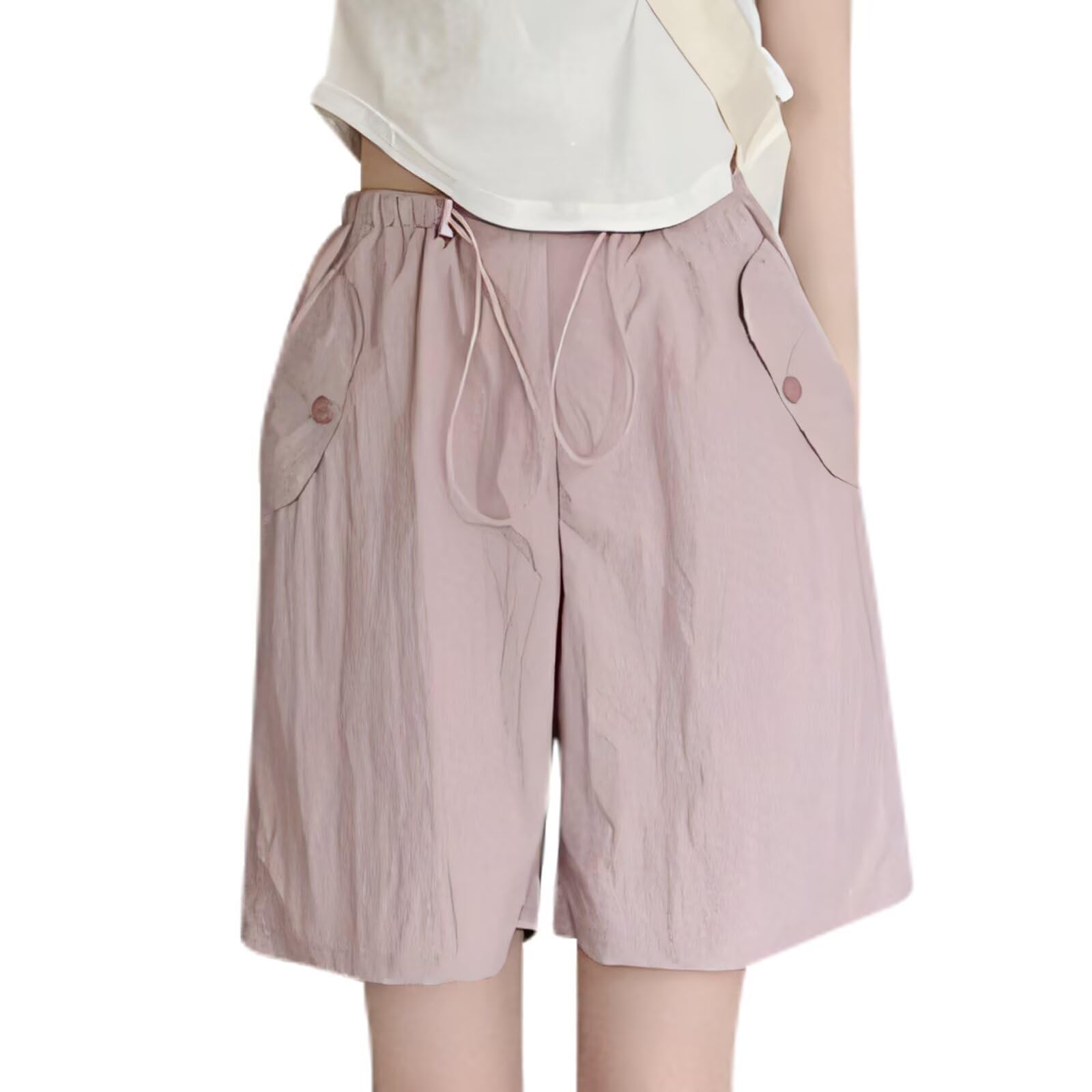 【送料無料】[inotenka] ショートパンツ レディース 夏 薄手 速乾 半ズボン 短パン 大きいサイズ ゴムウエスト ゆったり ポケット付き 通気性 吸汗 無地 体型カバー おしゃれ スポーツ ヨガ カジュアル 部屋着 色：ピンク、サイズ：XL