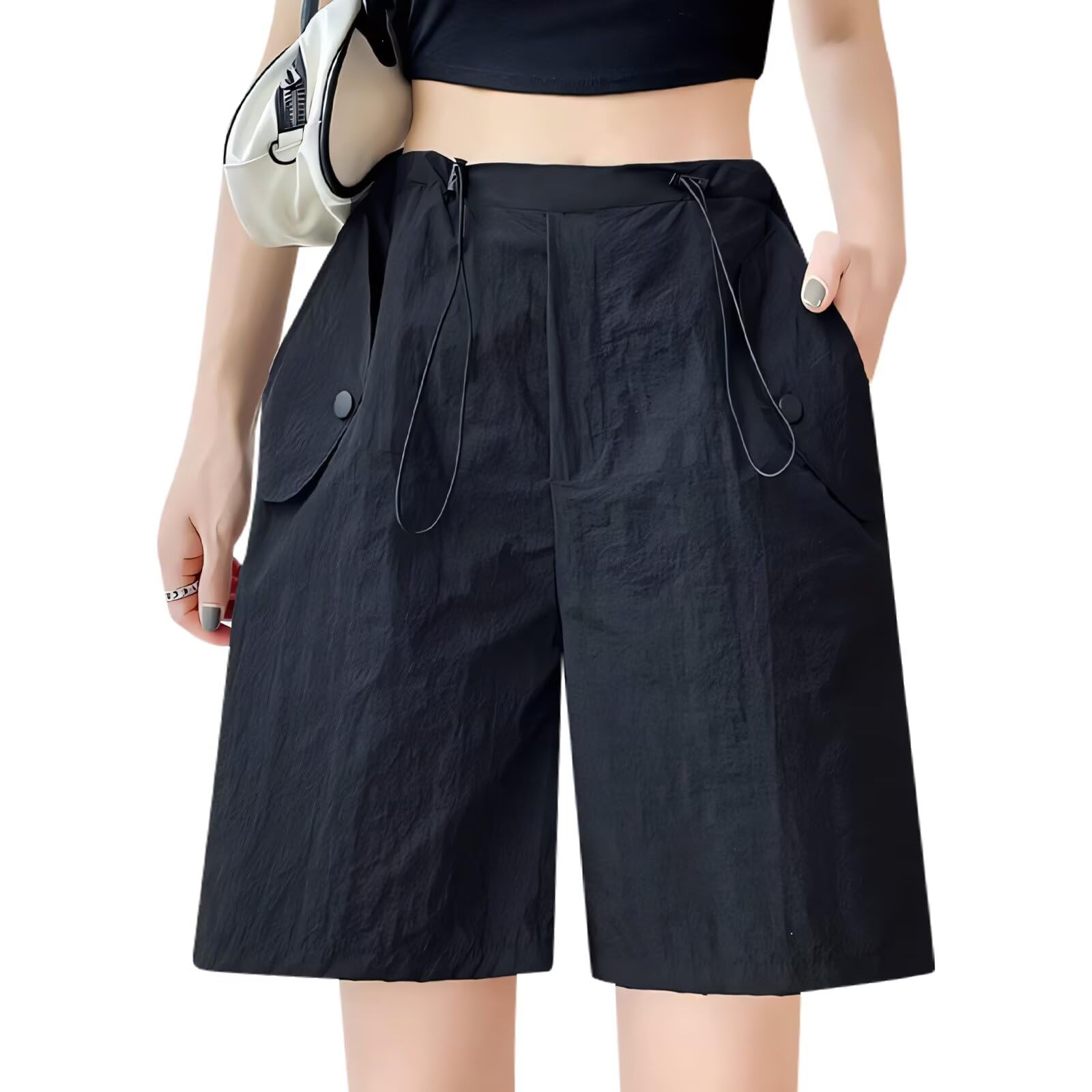 【送料無料】[inotenka] ショートパンツ レディース 夏 薄手 速乾 半ズボン 短パン 大きいサイズ ゴムウエスト ゆったり ポケット付き 通気性 吸汗 無地 体型カバー おしゃれ スポーツ ヨガ カジュアル 部屋着 色：ブラック、サイズ：S