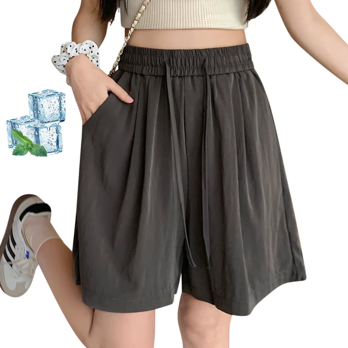 【送料無料】[inotenka] ショートパンツ レディース 短パン ワイドパンツ きれいめ 綿麻 夏 ハーフパンツ ゆったり カジュアル ハイウエスト 涼しい 無地 部屋着 ウエストゴム 色：グレー、サイズ：XL