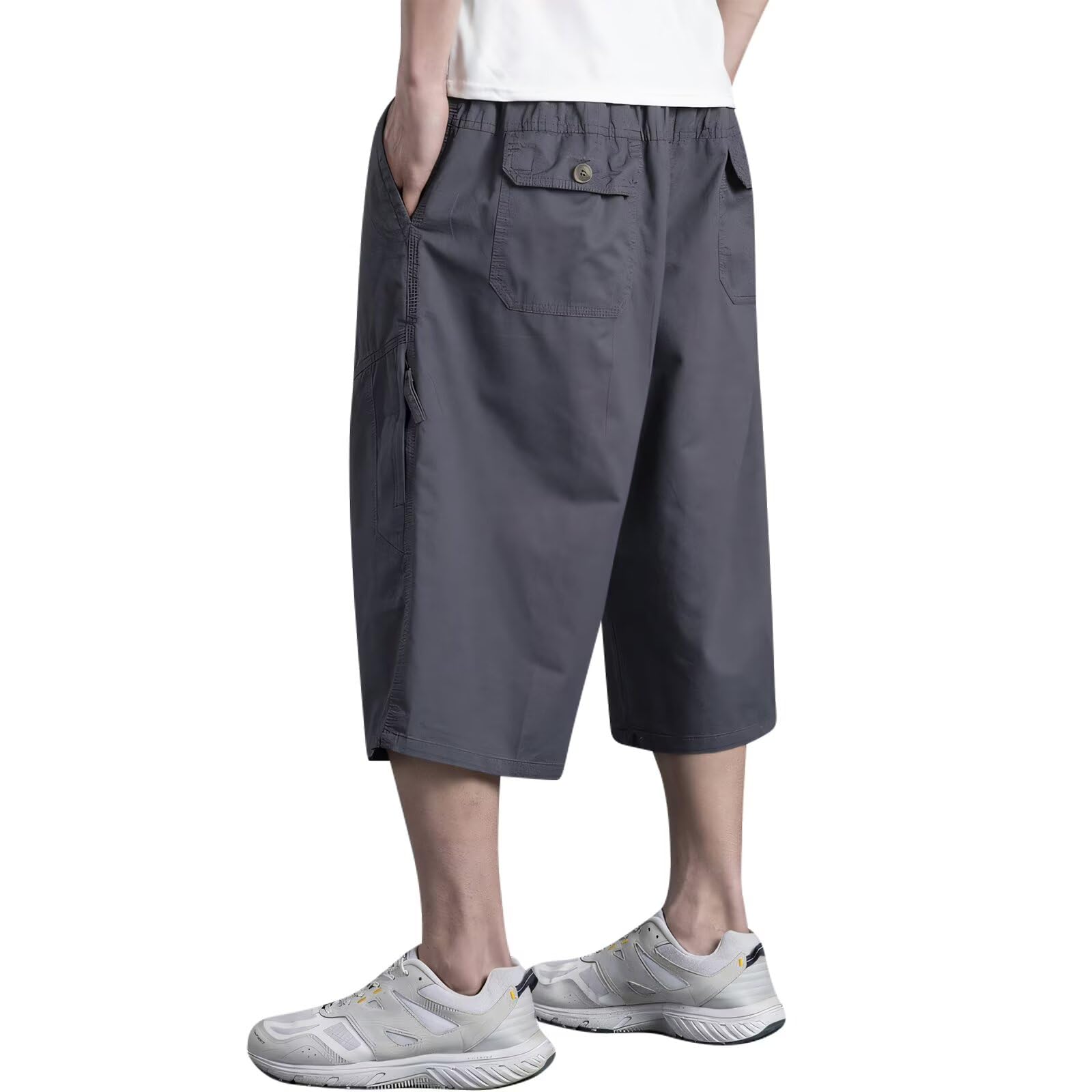 【送料無料】[inotenka] カーゴパンツ メンズ ハーフパンツ ショートパンツ L-6XL 大きいサイズ 6つポケット 七分丈 無地 ゆったり ビッグシルエット 半ズボン 作業着 調整紐 アウトドア ワイドタイプ カジュアル 通気 春夏 色：2021ダークグレー、サイズ：L