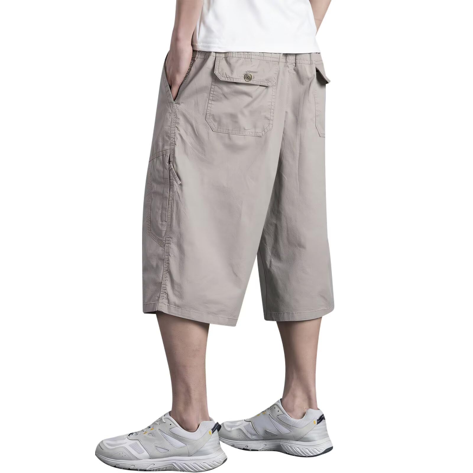 【送料無料】[inotenka] カーゴパンツ メンズ ハーフパンツ ショートパンツ L-6XL 大きいサイズ 6つポケット 七分丈 無地 ゆったり ビッグシルエット 半ズボン 作業着 調整紐 アウトドア ワイドタイプ カジュアル 通気 春夏 色：2021ライトカーキ、サイズ：L