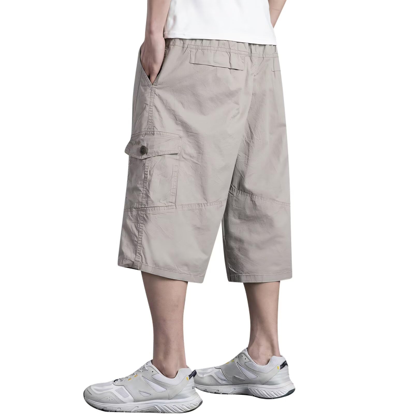 【送料無料】[inotenka] カーゴパンツ メンズ ハーフパンツ ショートパンツ L-6XL 大きいサイズ 6つポケット 七分丈 無地 ゆったり ビッグシルエット 半ズボン 作業着 調整紐 アウトドア ワイドタイプ カジュアル 通気 春夏 色：2016ライトカーキ、サイズ：6XL