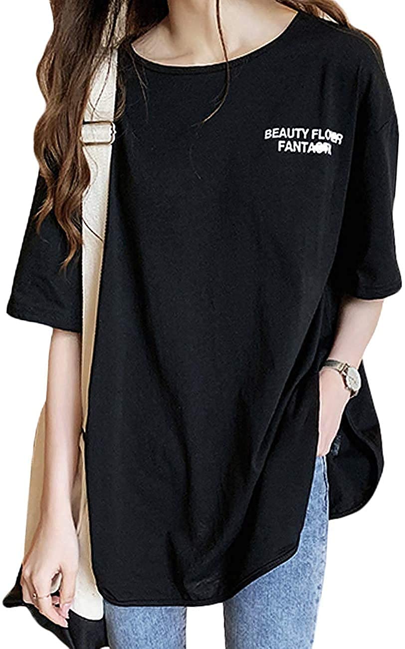 【送料無料】[INNIFER] 無地 Tシャツ レディース 半袖 ゆったり 大きいサイズ 黒 白 英字 バッグプリント クルーネック ロング丈 スリット カットソー 夏 秋 シンプル おしゃれ 色：ブラック、サイズ：L Regular