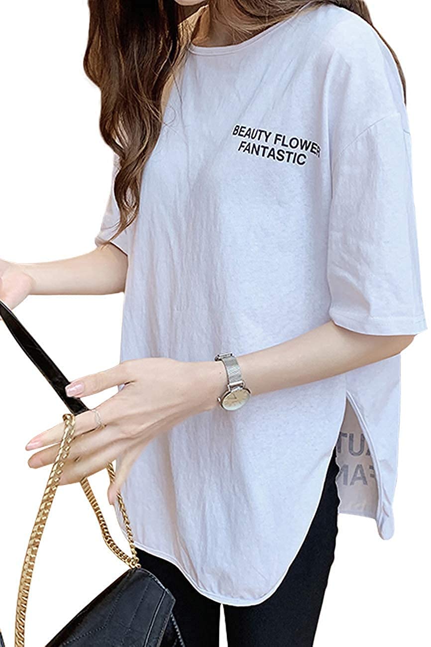 【送料無料】[INNIFER] 無地 Tシャツ レディース 半袖 ゆったり 大きいサイズ 黒 白 英字 バッグプリント クルーネック ロング丈 スリット カットソー 夏 秋 シンプル おしゃれ 色：ホワイト、サイズ：M Regular